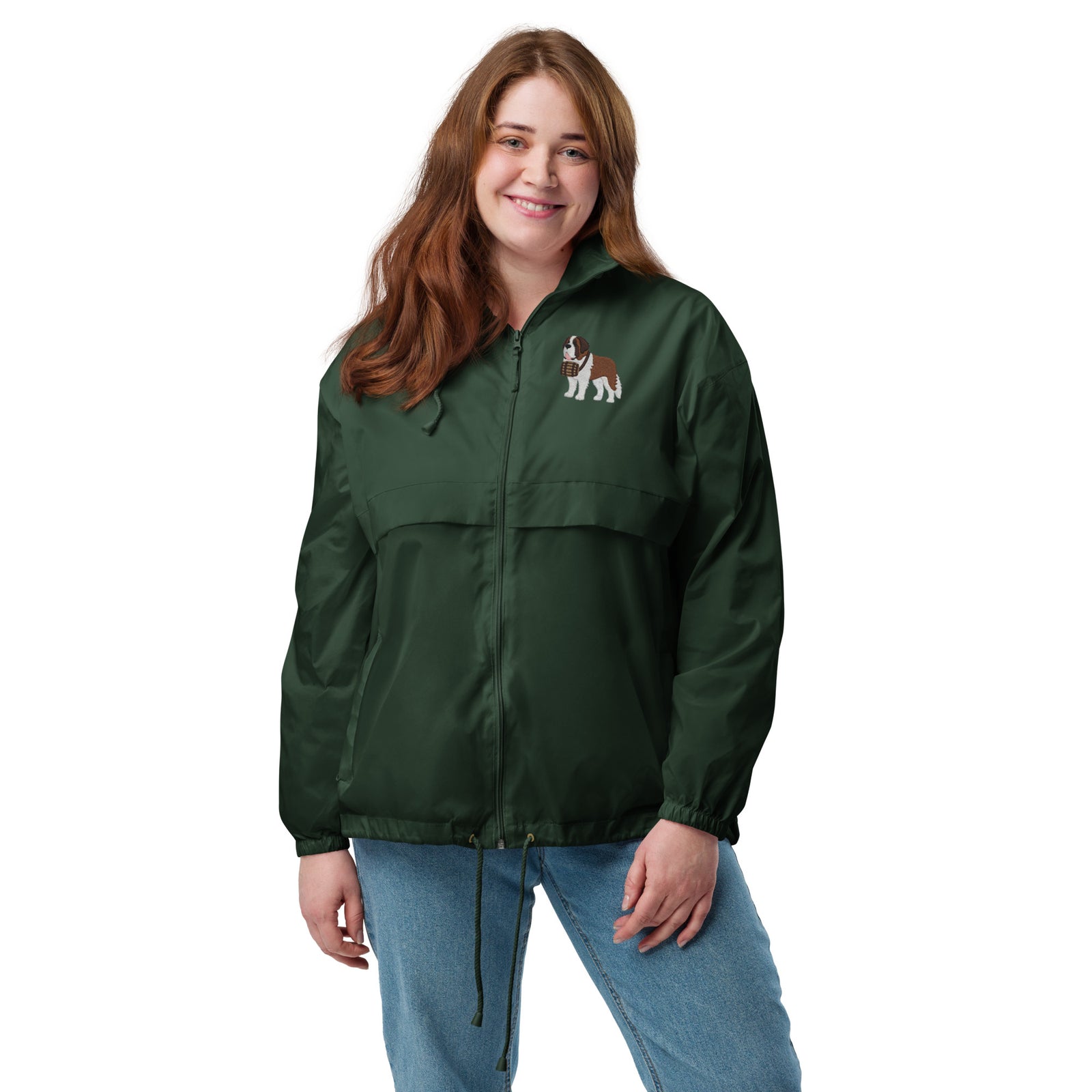 Lightweight, packable forest green windbreaker with chest embroidered Saint Bernard and barrel, adjustable hood, elastic cuffs, and zip pockets.