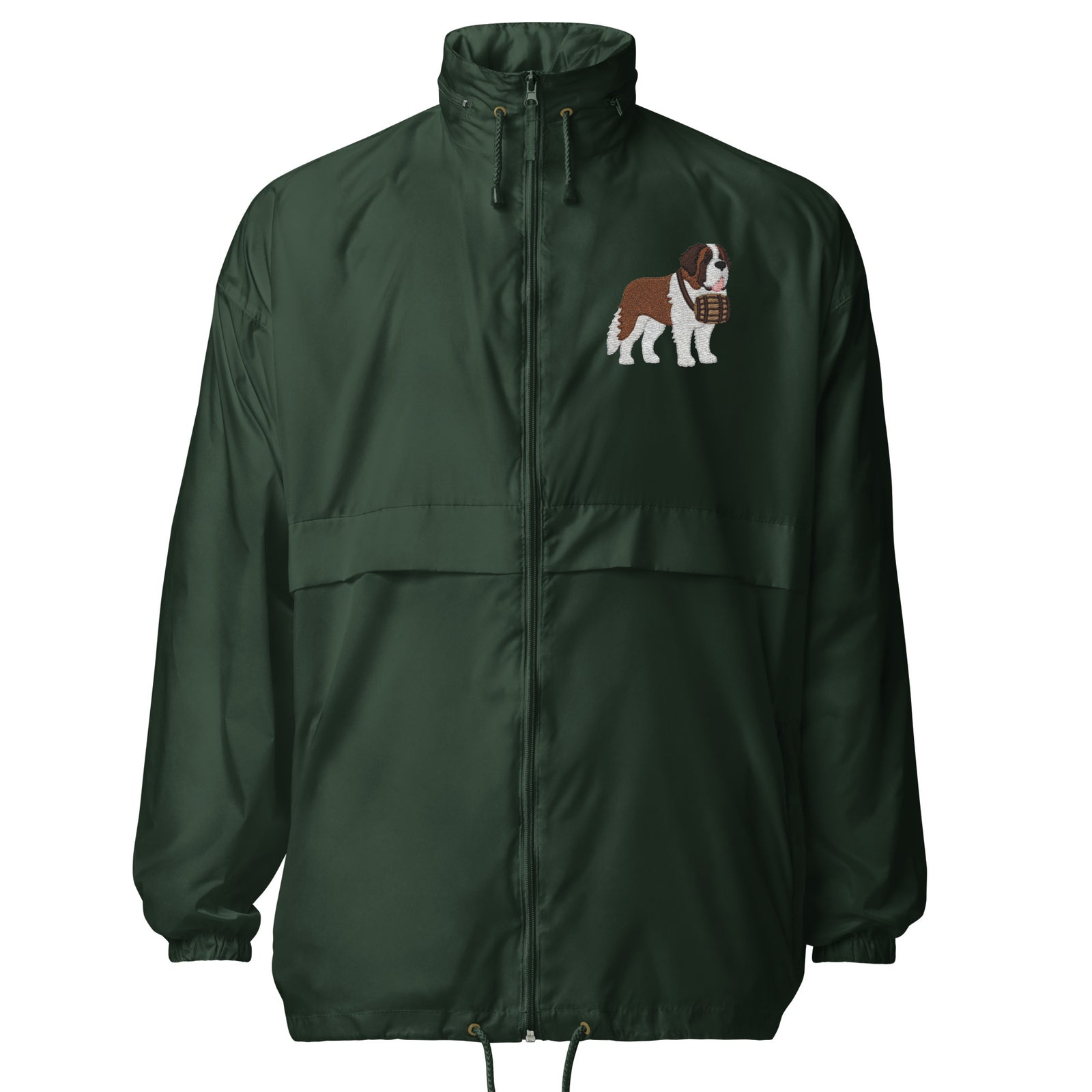 Lightweight, packable forest green windbreaker with chest embroidered Saint Bernard and barrel, adjustable hood, elastic cuffs, and zip pockets.