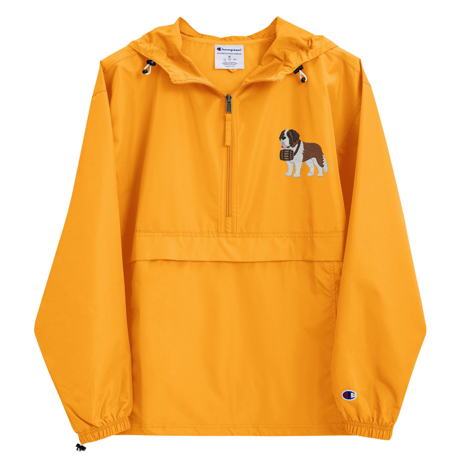 Gold Champion packable windbreaker with chest embroidered Saint Bernard and barrel, half zip pullover with hood, kangaroo pocket, and zip pouch.