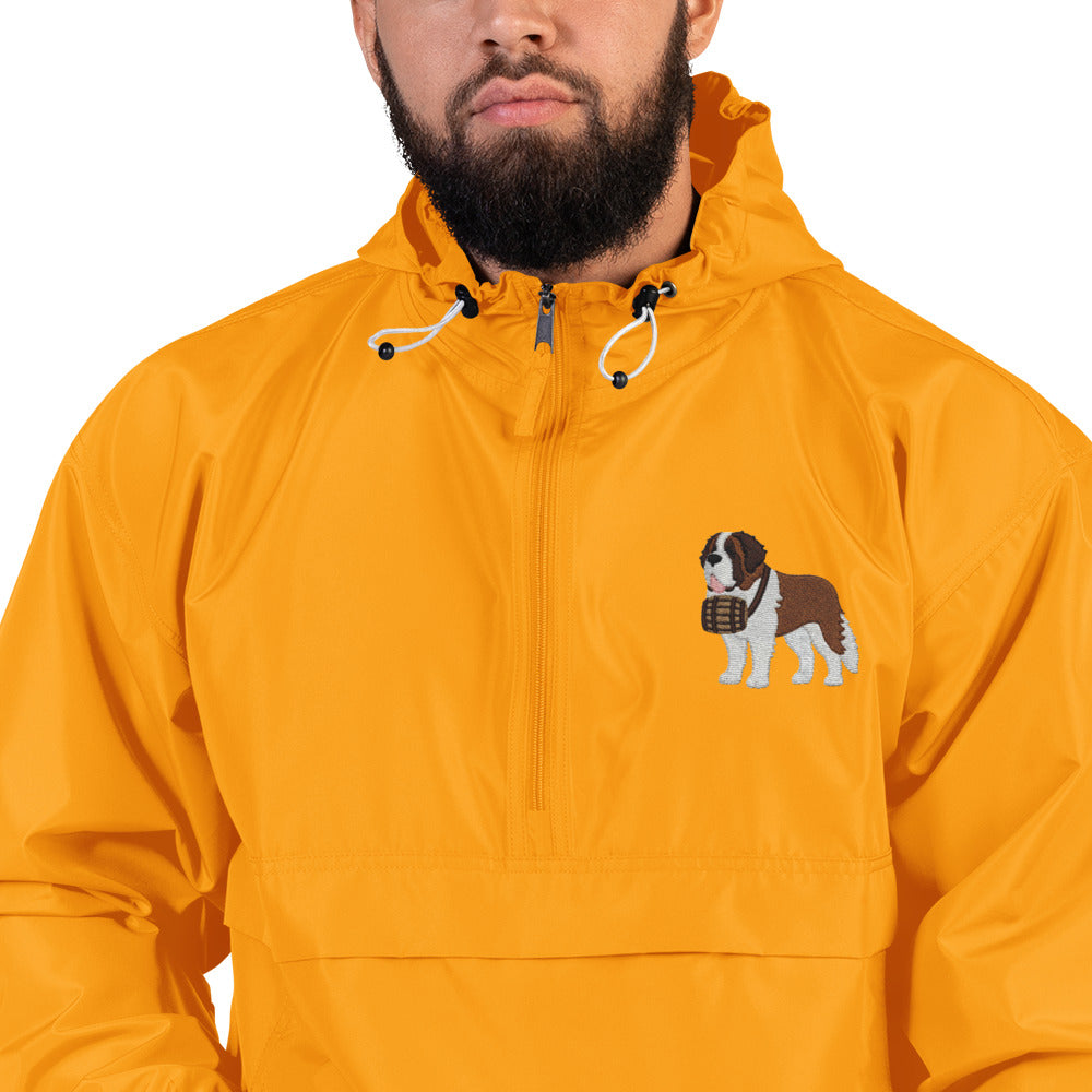 Gold Champion packable windbreaker with chest embroidered Saint Bernard and barrel, half zip pullover with hood, kangaroo pocket, and zip pouch.