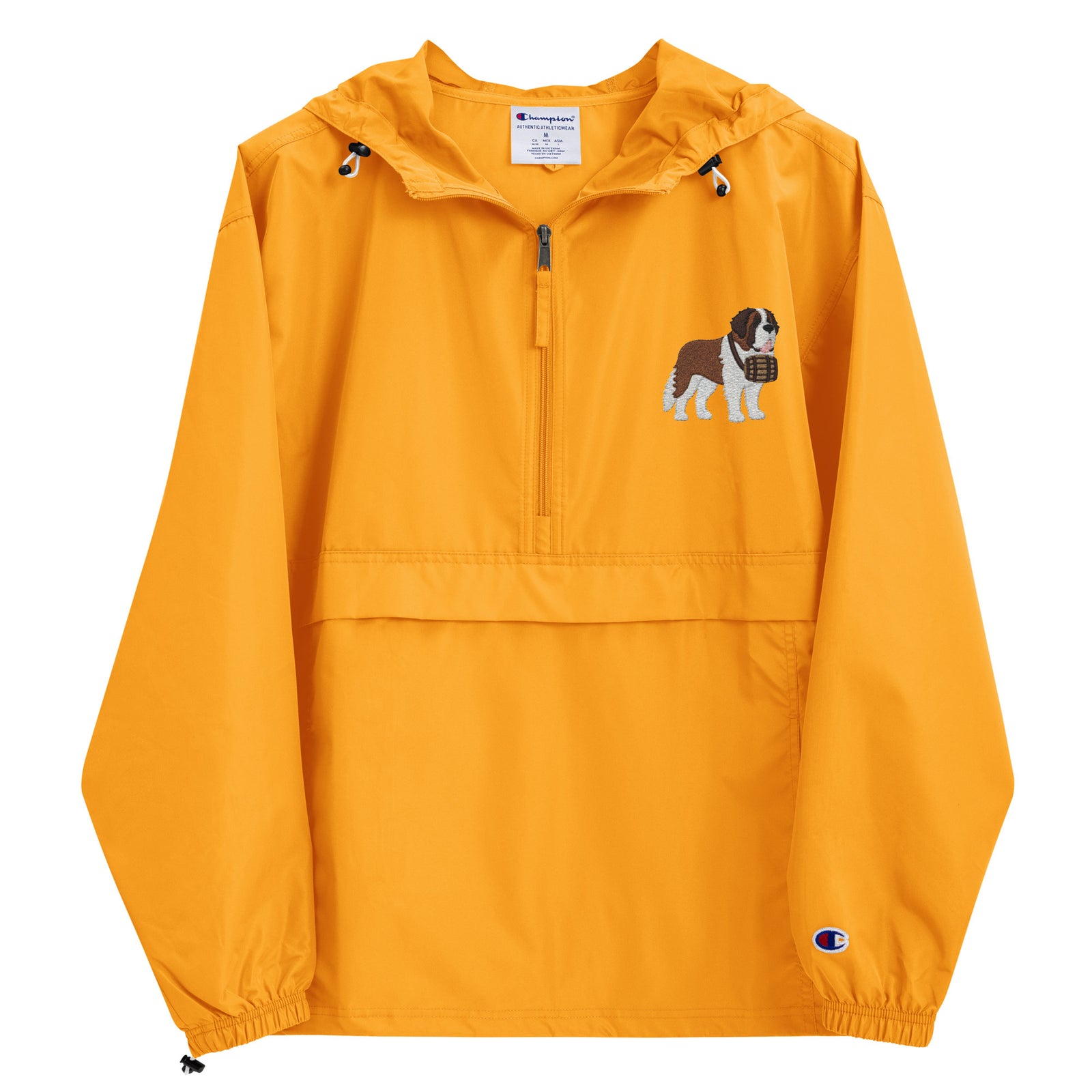 Gold Champion packable windbreaker with chest embroidered Saint Bernard and barrel, half zip pullover with hood, kangaroo pocket, and zip pouch.