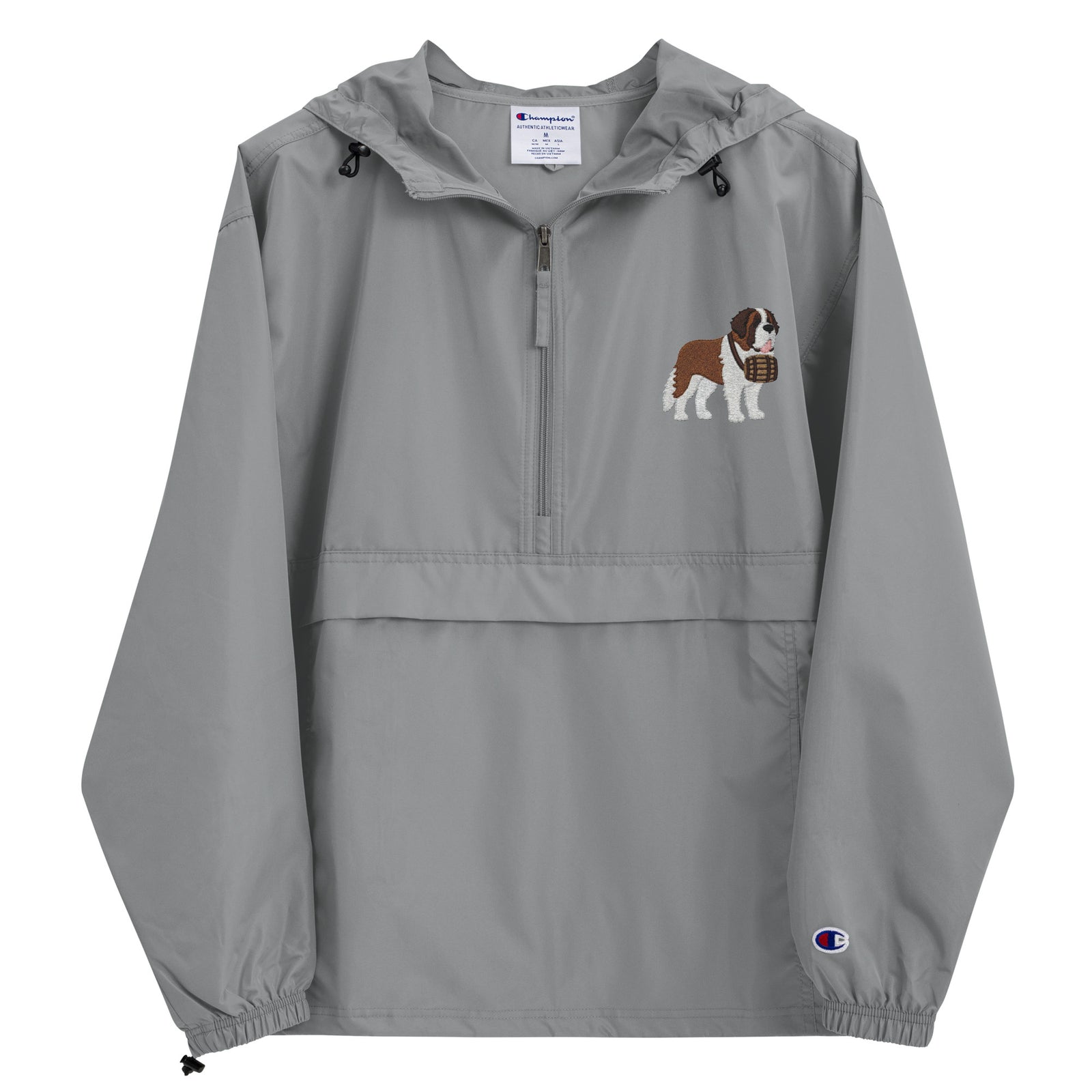 Light gray Champion packable windbreaker with chest embroidered Saint Bernard and barrel, half zip pullover with hood, kangaroo pocket, and zip pouch.