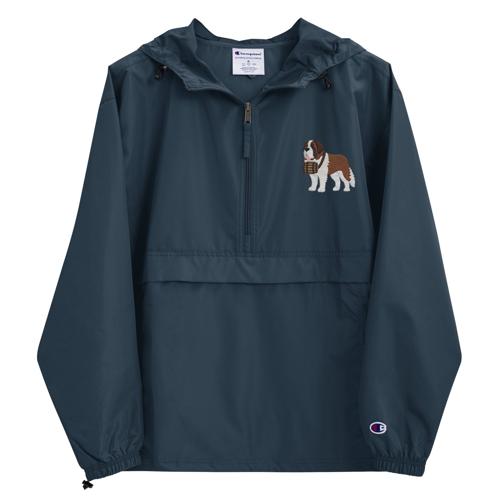 Navy blue Champion packable windbreaker with chest embroidered Saint Bernard and barrel, half zip pullover with hood, kangaroo pocket, and zip pouch.