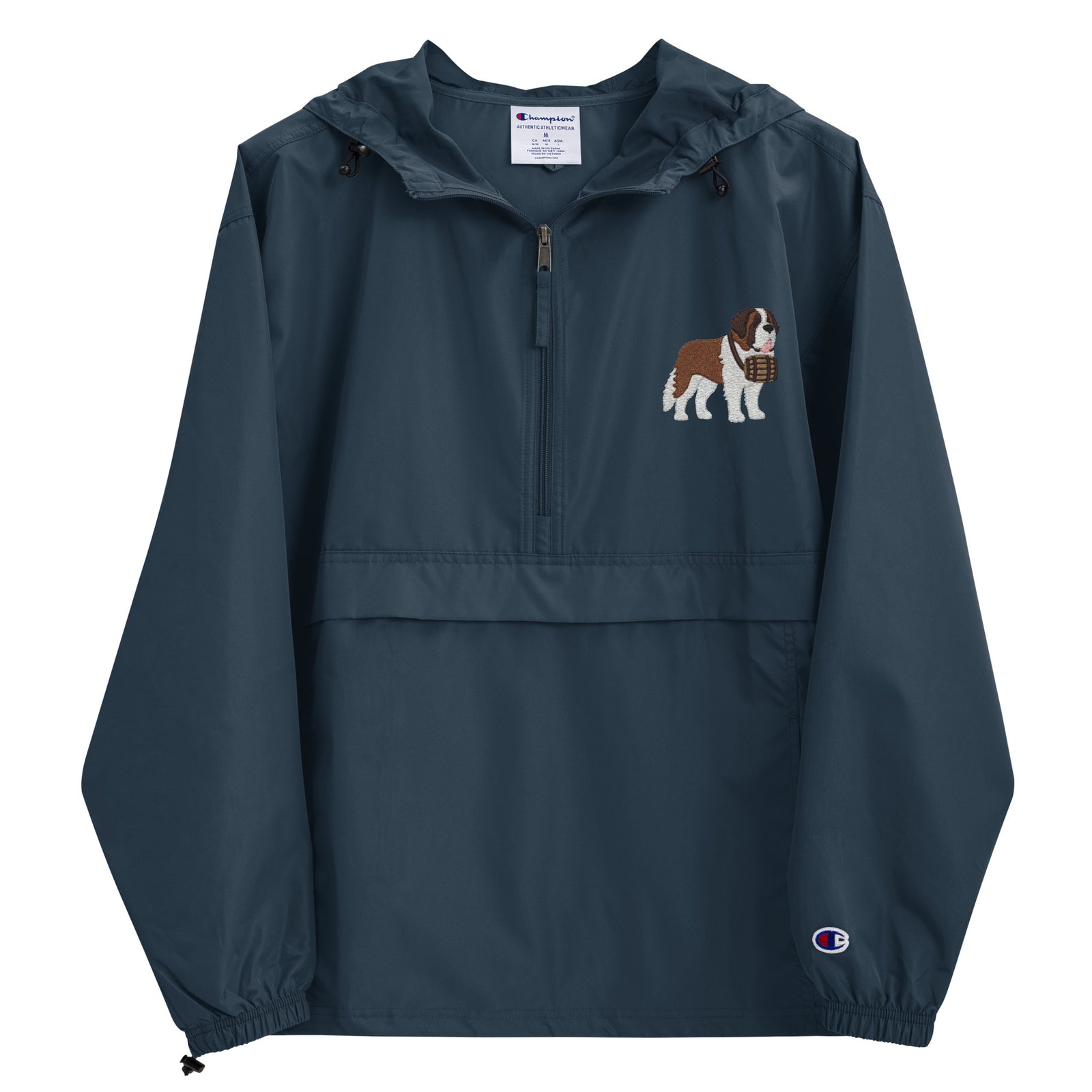 Navy blue Champion packable windbreaker with chest embroidered Saint Bernard and barrel, half zip pullover with hood, kangaroo pocket, and zip pouch.
