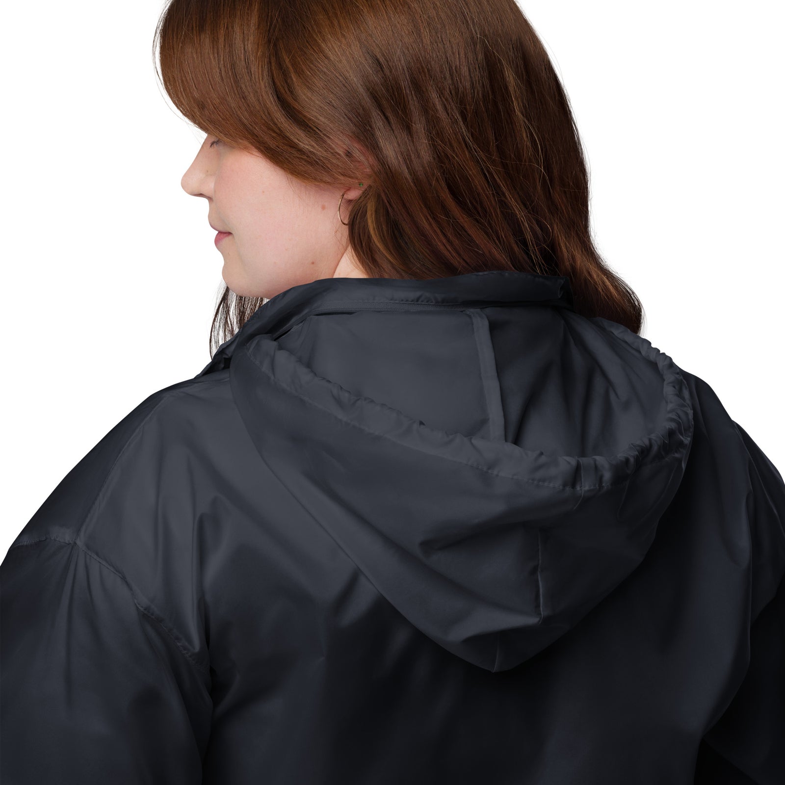 Lightweight, packable navy blue windbreaker with chest embroidered Saint Bernard and barrel, adjustable hood, elastic cuffs, and zip pockets.