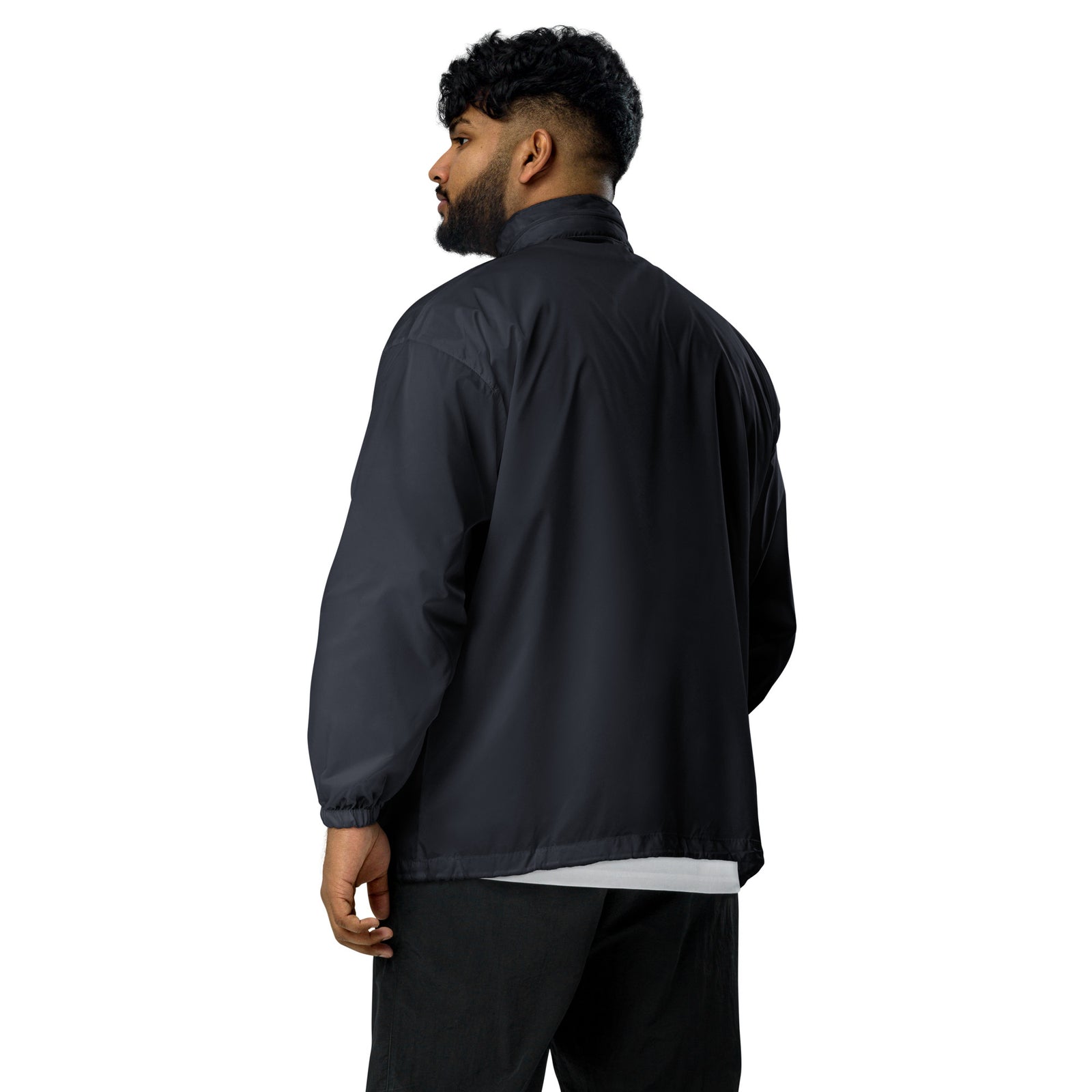 Lightweight, packable navy blue windbreaker with chest embroidered Saint Bernard and barrel, adjustable hood, elastic cuffs, and zip pockets.