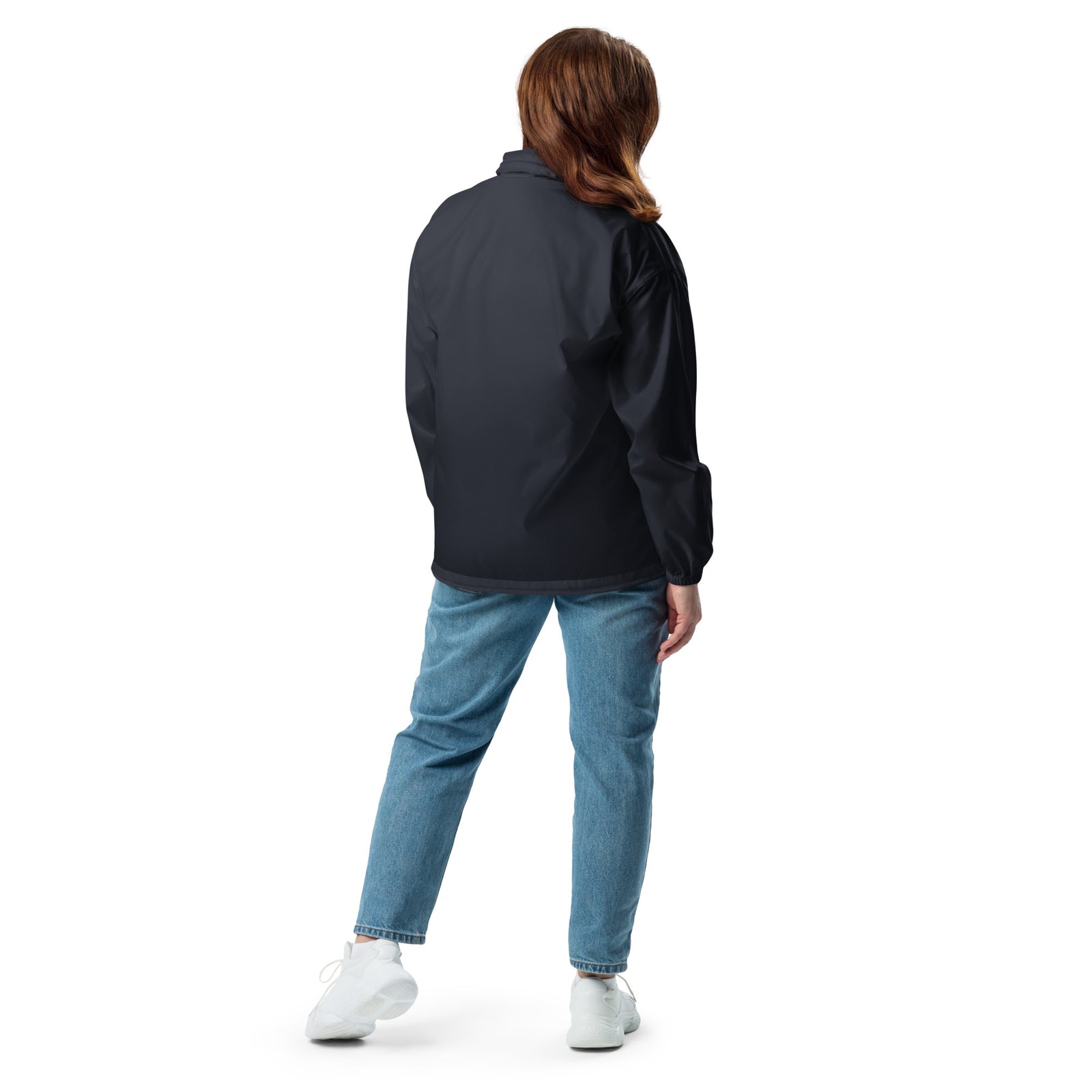 Lightweight, packable navy blue windbreaker with chest embroidered Saint Bernard and barrel, adjustable hood, elastic cuffs, and zip pockets.