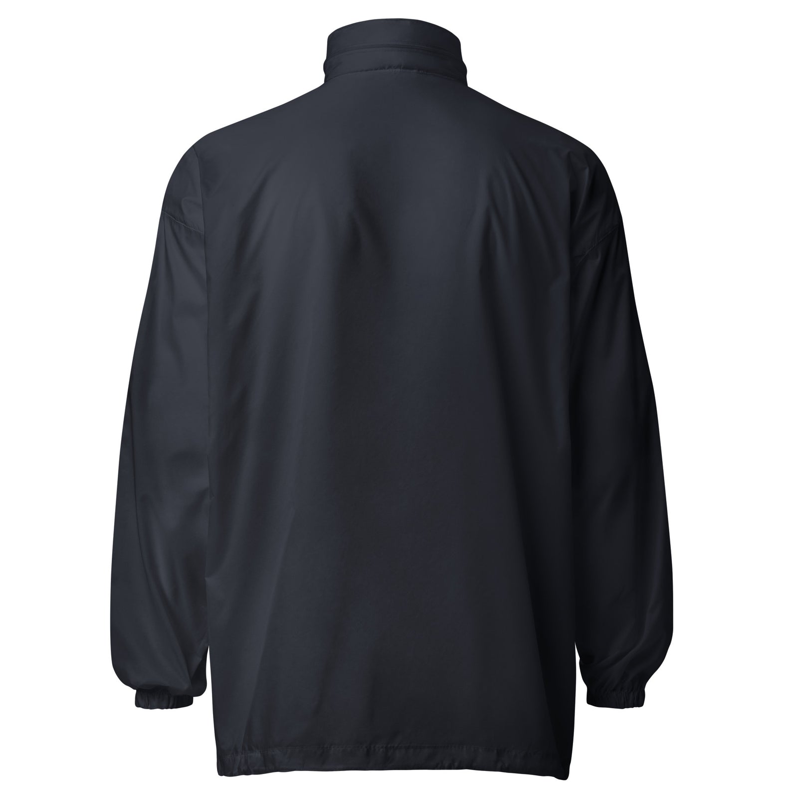 Lightweight, packable navy blue windbreaker with chest embroidered Saint Bernard and barrel, adjustable hood, elastic cuffs, and zip pockets.