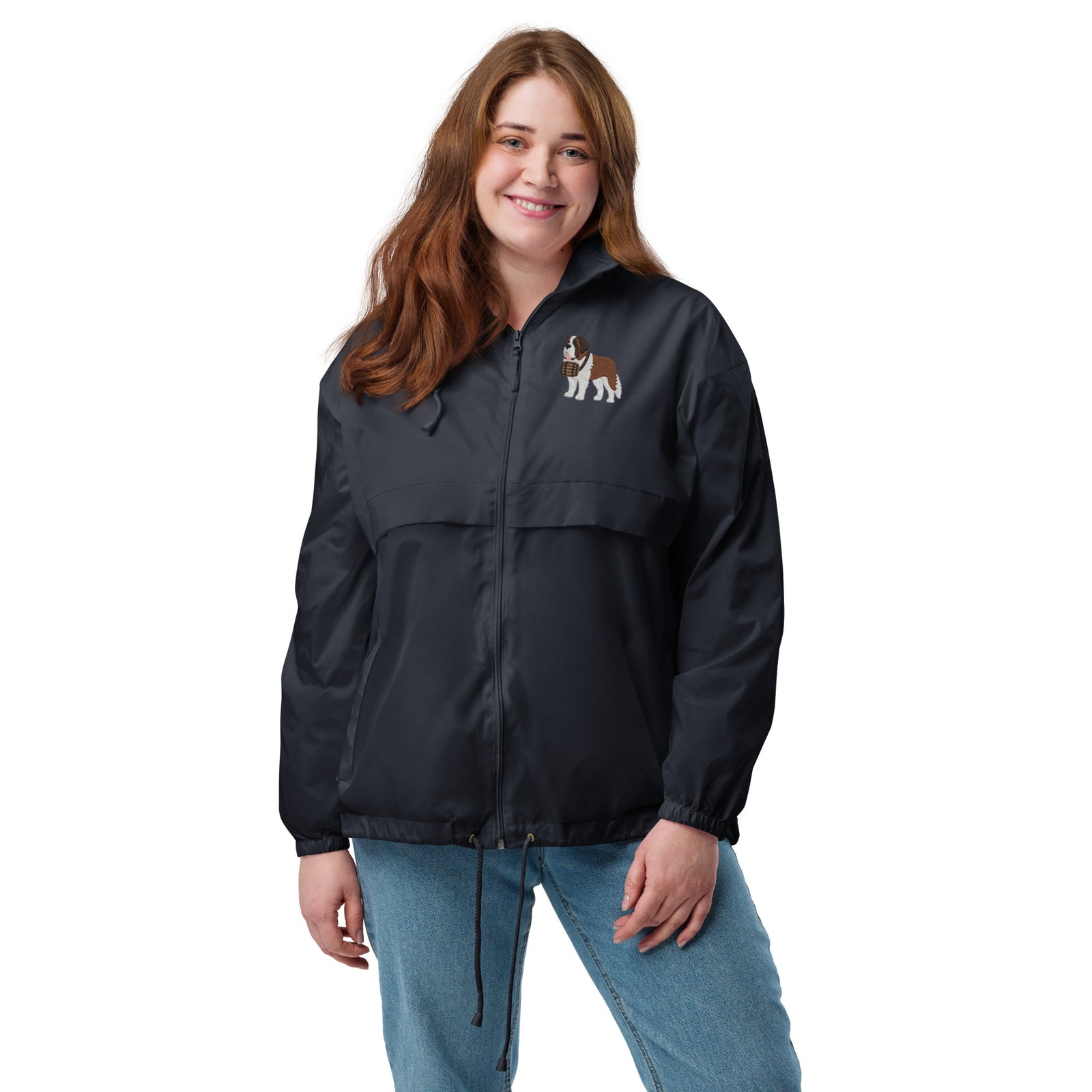 Lightweight, packable navy blue windbreaker with chest embroidered Saint Bernard and barrel, adjustable hood, elastic cuffs, and zip pockets.