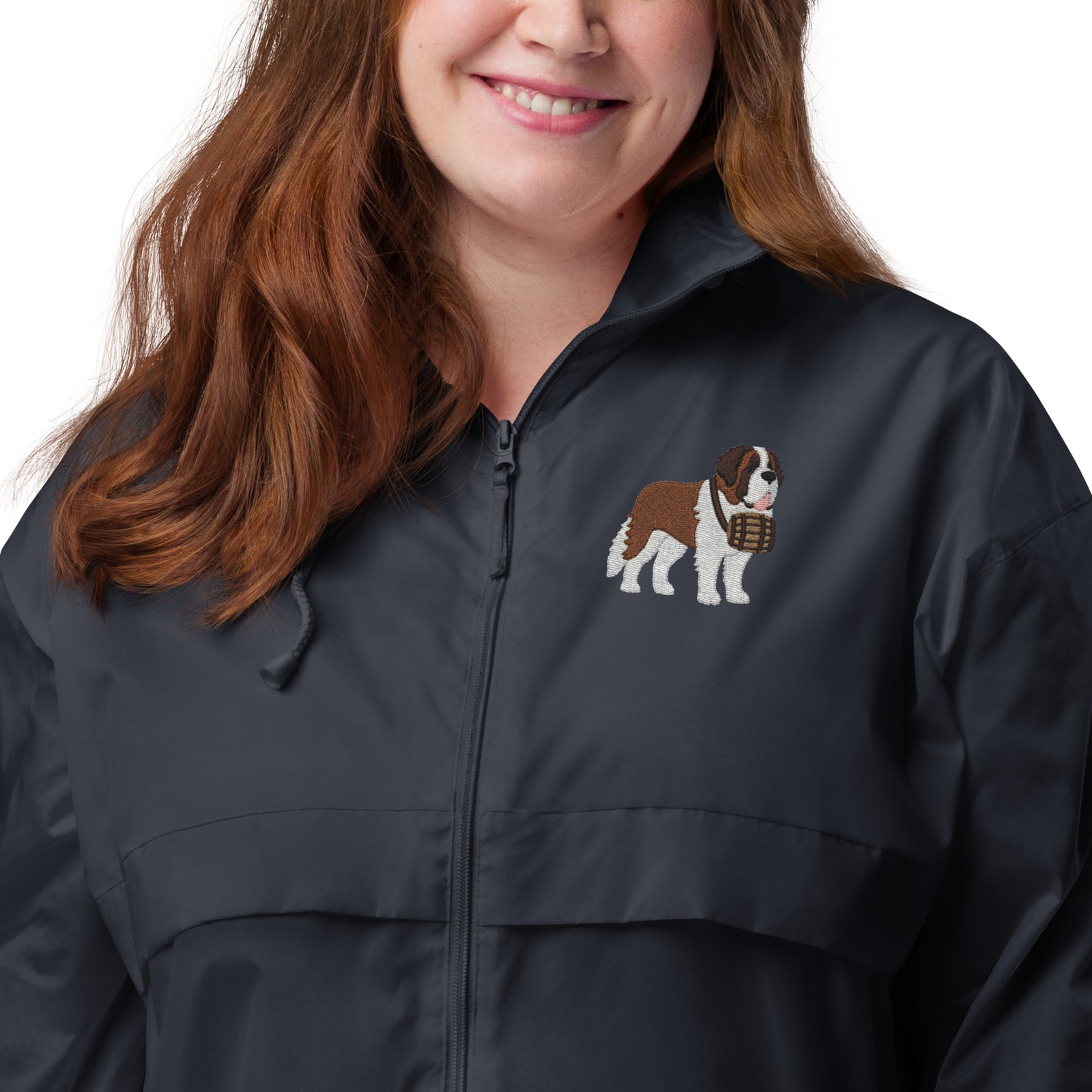 Lightweight, packable navy blue windbreaker with chest embroidered Saint Bernard and barrel, adjustable hood, elastic cuffs, and zip pockets.