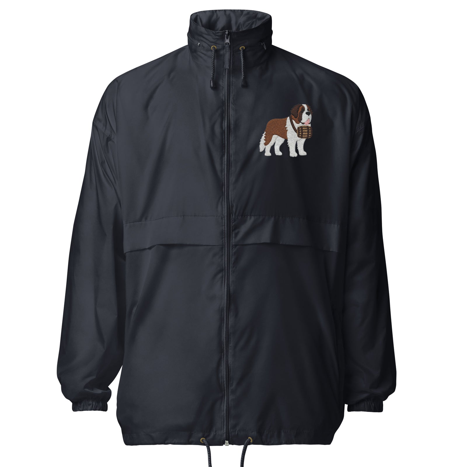 Lightweight, packable navy blue windbreaker with chest embroidered Saint Bernard and barrel, adjustable hood, elastic cuffs, and zip pockets.