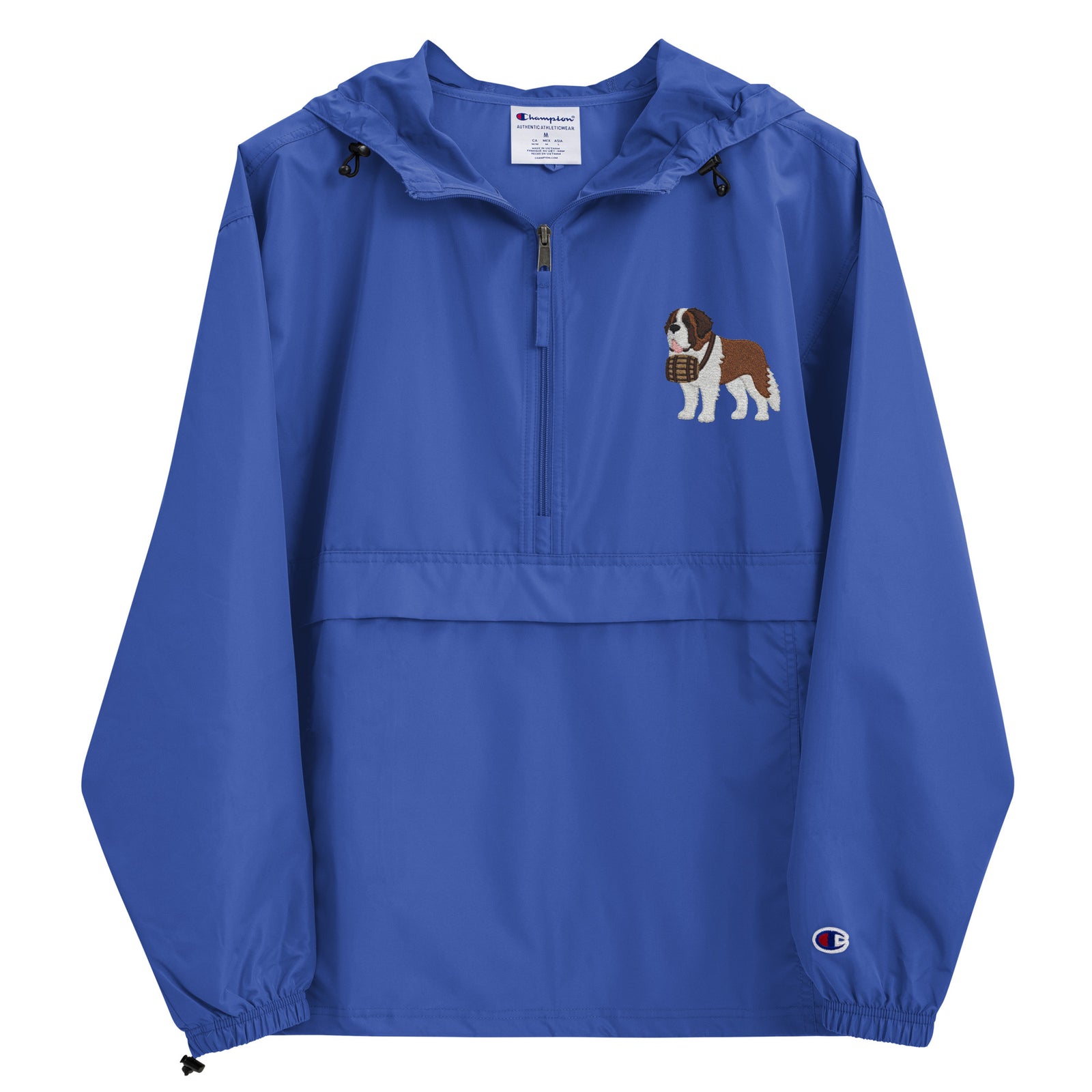 Royal blue Champion packable windbreaker with chest embroidered Saint Bernard and barrel, half zip pullover with hood, kangaroo pocket, and zip pouch.