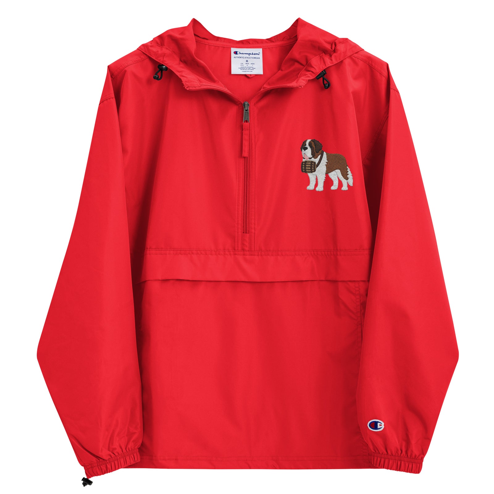 Red Champion packable windbreaker with chest embroidered Saint Bernard and barrel, half zip pullover with hood, kangaroo pocket, and zip pouch.