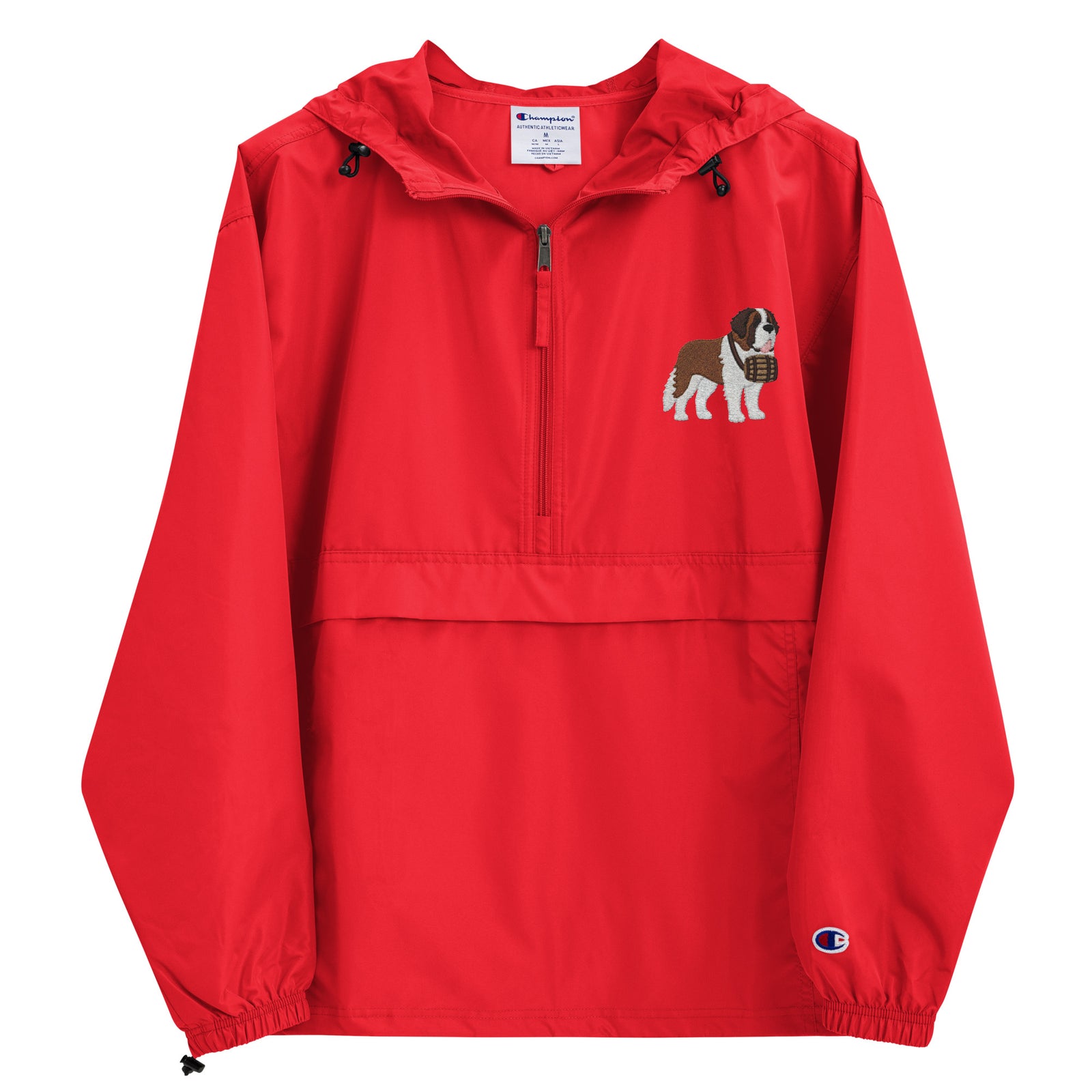 Red Champion packable windbreaker with chest embroidered Saint Bernard and barrel, half zip pullover with hood, kangaroo pocket, and zip pouch.