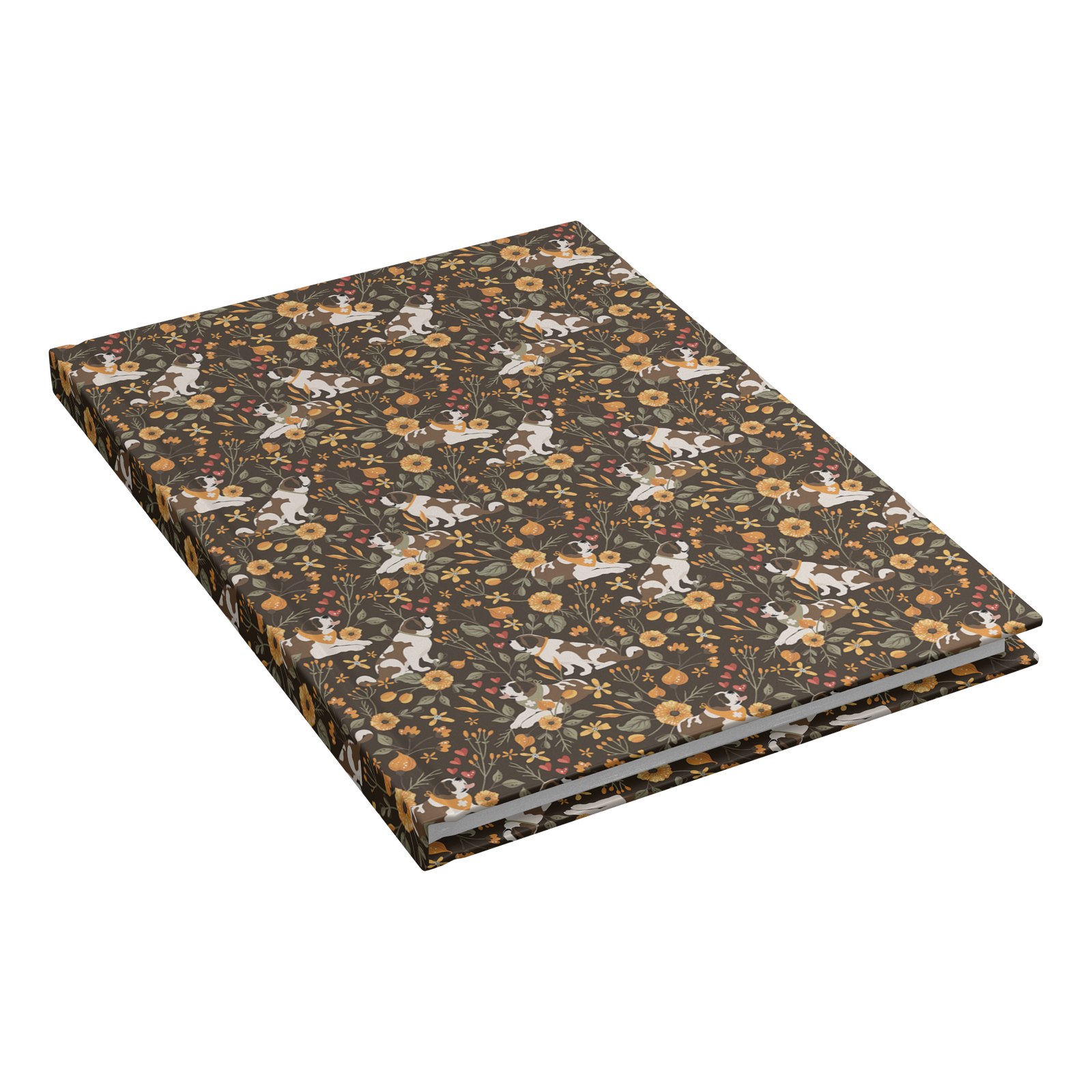 Fall Meadow Saint Bernard hardcover lined journal with a brown cover featuring Saint Bernards among golden flowers, amber wildflowers, and hearts.