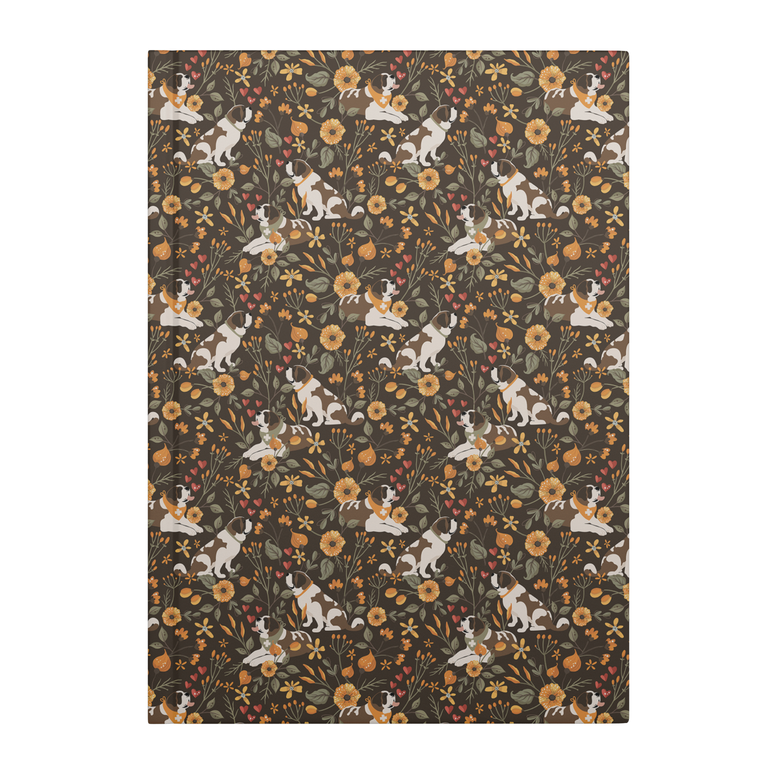 Fall Meadow Saint Bernard hardcover lined journal with a brown cover featuring Saint Bernards among golden flowers, amber wildflowers, and hearts.