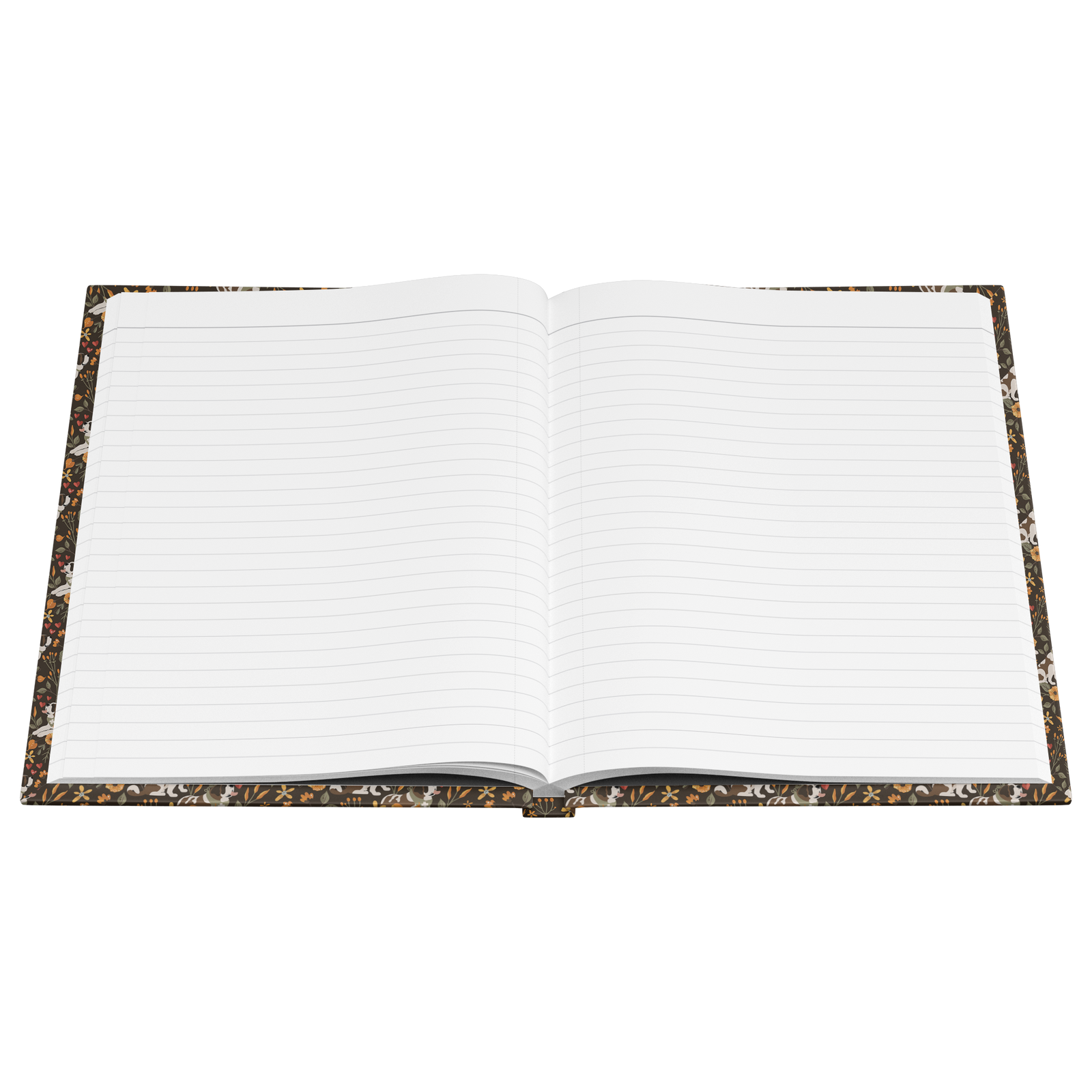 Fall Meadow Saint Bernard hardcover lined journal with a brown cover featuring Saint Bernards among golden flowers, amber wildflowers, and hearts.