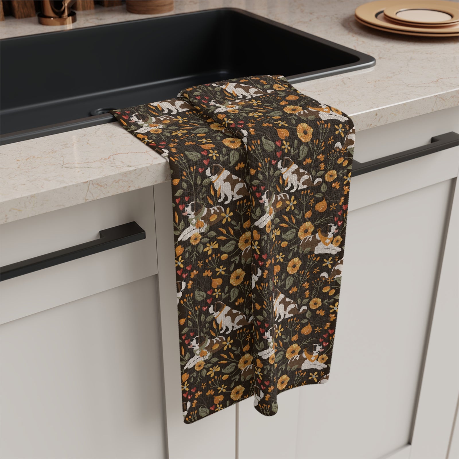 Fall Meadow Saint Bernard microfiber tea towel with a brown print of Saint Bernards among golden flowers, amber wildflowers, and hearts.