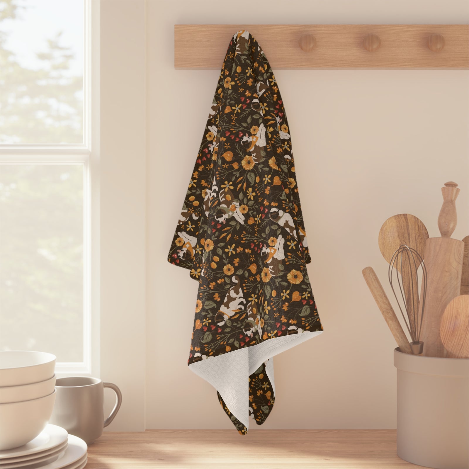 Fall Meadow Saint Bernard microfiber tea towel with a brown print of Saint Bernards among golden flowers, amber wildflowers, and hearts.
