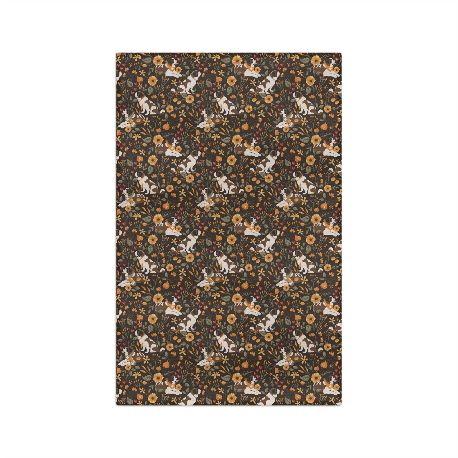 Fall Meadow Saint Bernard microfiber tea towel with a brown print of Saint Bernards among golden flowers, amber wildflowers, and hearts.