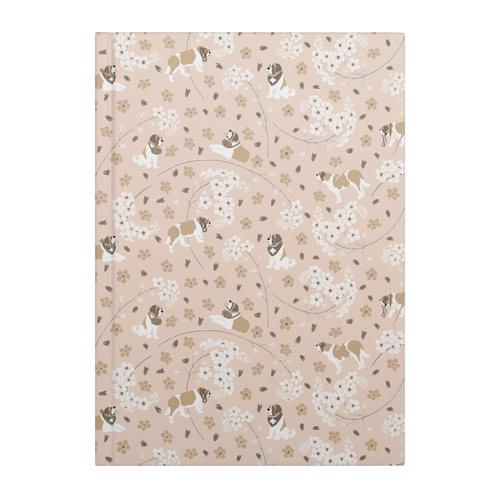 Forget Me Not Saint Bernard hardcover lined journal with a soft blush cover featuring Saint Bernards among delicate white and golden florals.