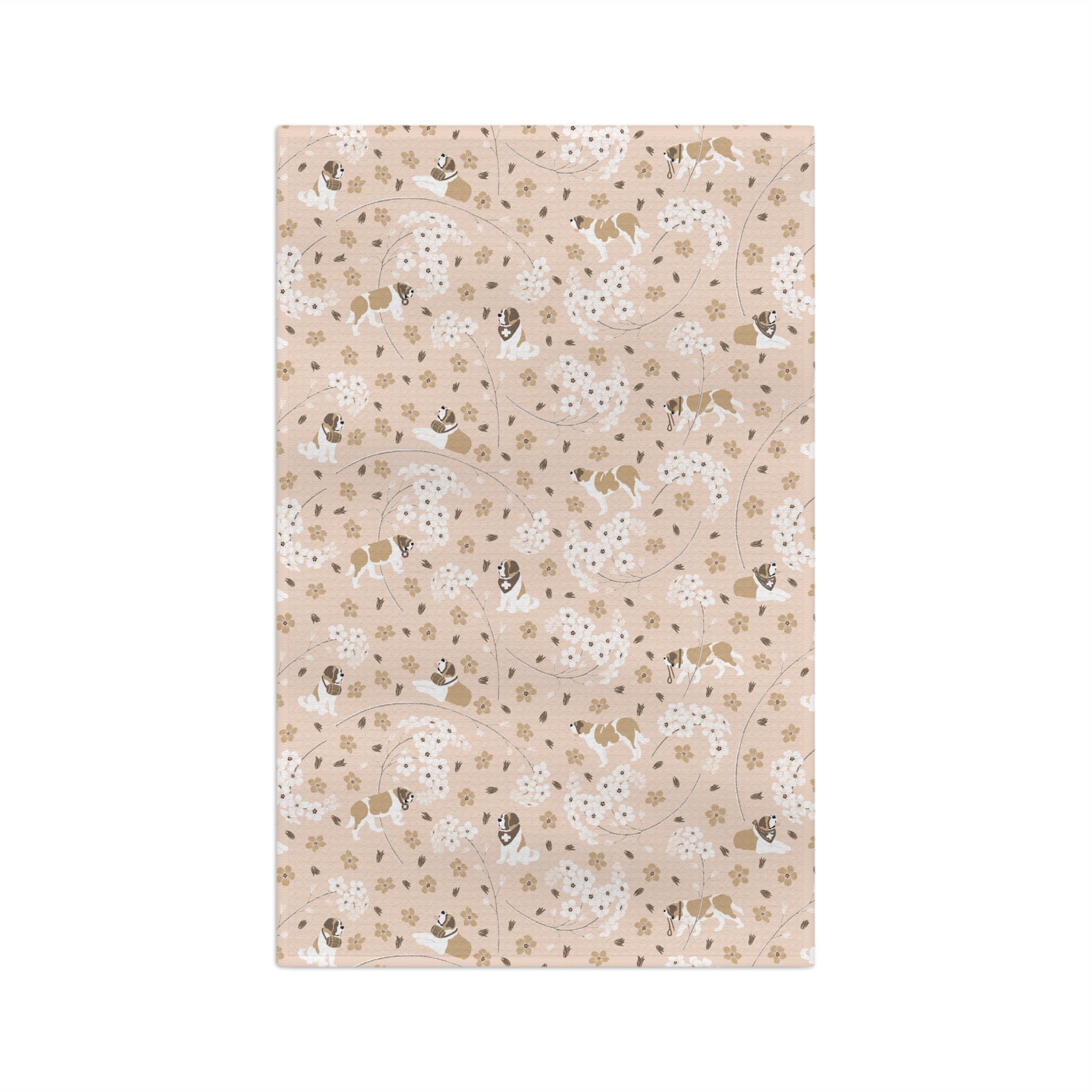 Forget Me Not Saint Bernard microfiber tea towel with a soft blush print of Saint Bernards among delicate white and golden florals.