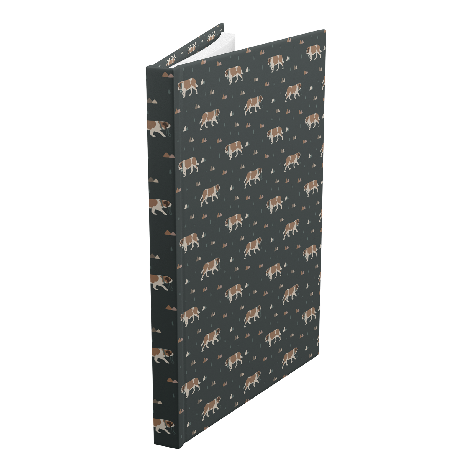 Green Mountain Saint Bernard hardcover lined journal with a forest-green cover featuring Saint Bernards walking among mountains and pine trees.