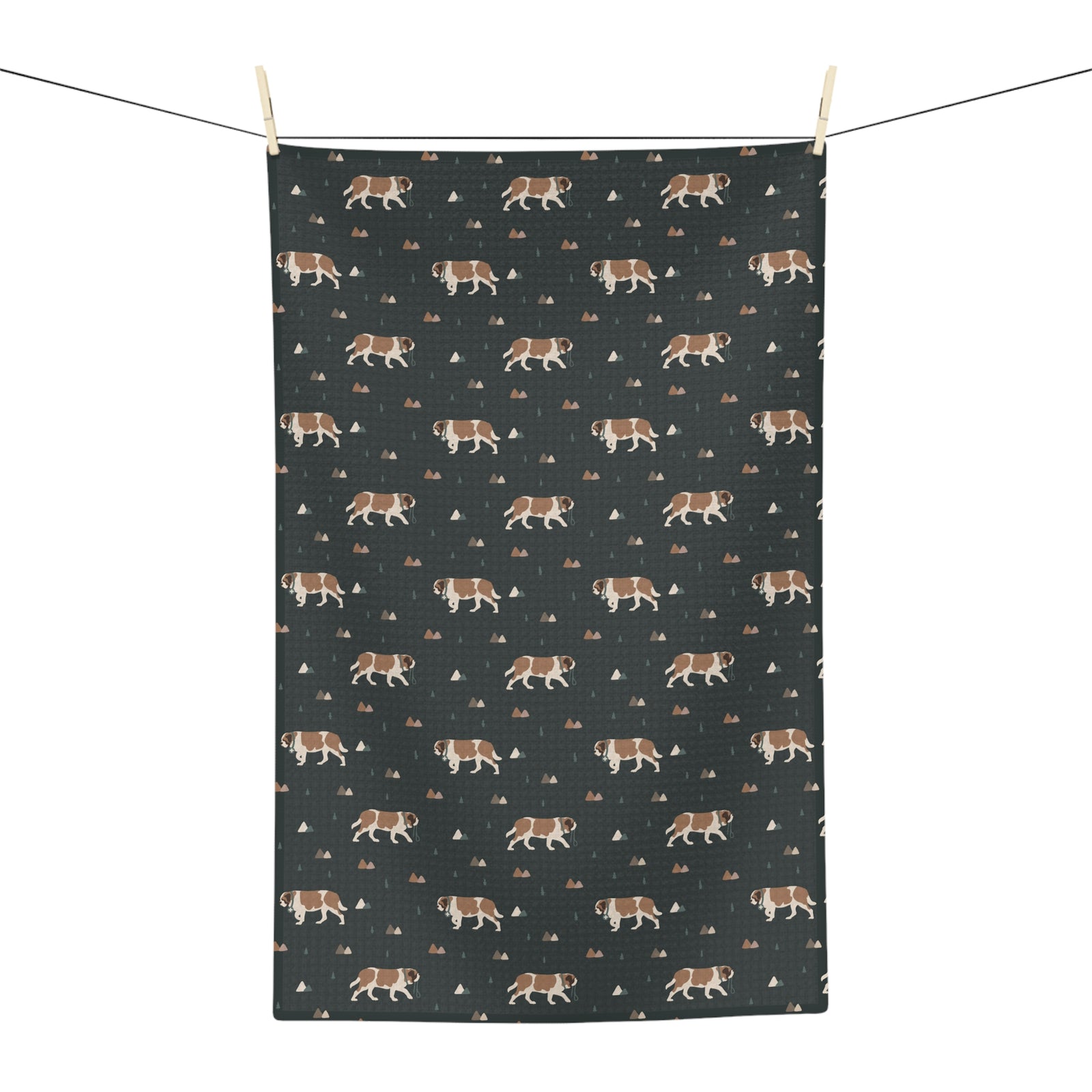 Green Mountain Saint Bernard microfiber tea towel with a forest-green print of Saint Bernards walking among mountains and pine trees.
