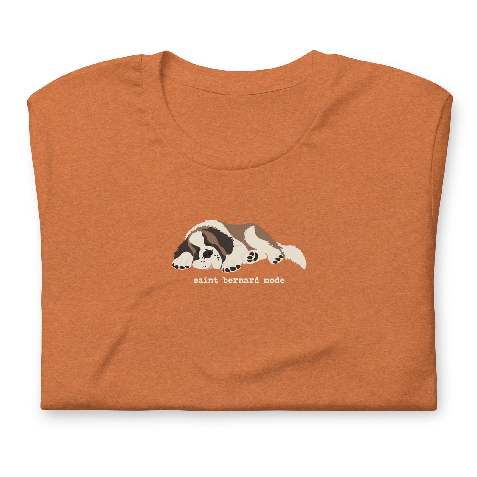 Autumn lightweight t-shirt with a sleeping Saint Bernard illustration and 'saint bernard mode' text" by Lucy + Norman.