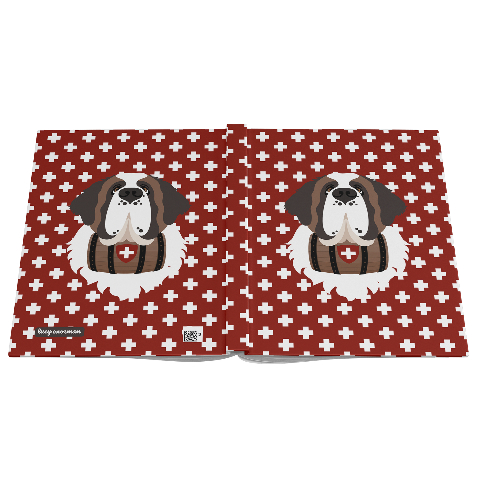 Swiss Cross Red Saint Bernard hardcover lined journal with a rich red cover featuring a Saint Bernard and rescue barrel among white Swiss crosses.