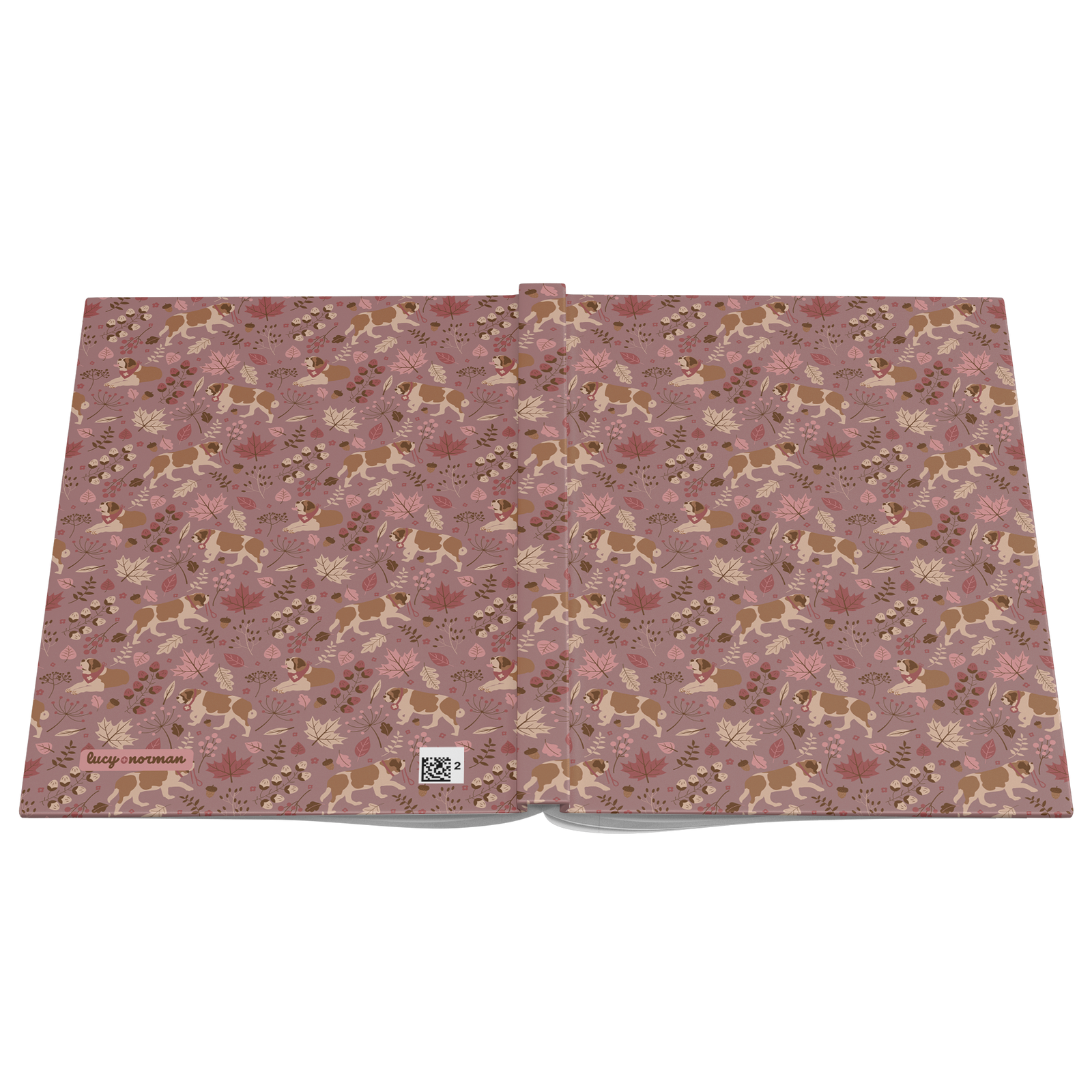 Rosy Fall Saint Bernard hardcover lined journal with a dusty-rose cover featuring Saint Bernards among maple leaves, acorns, and autumn berries.