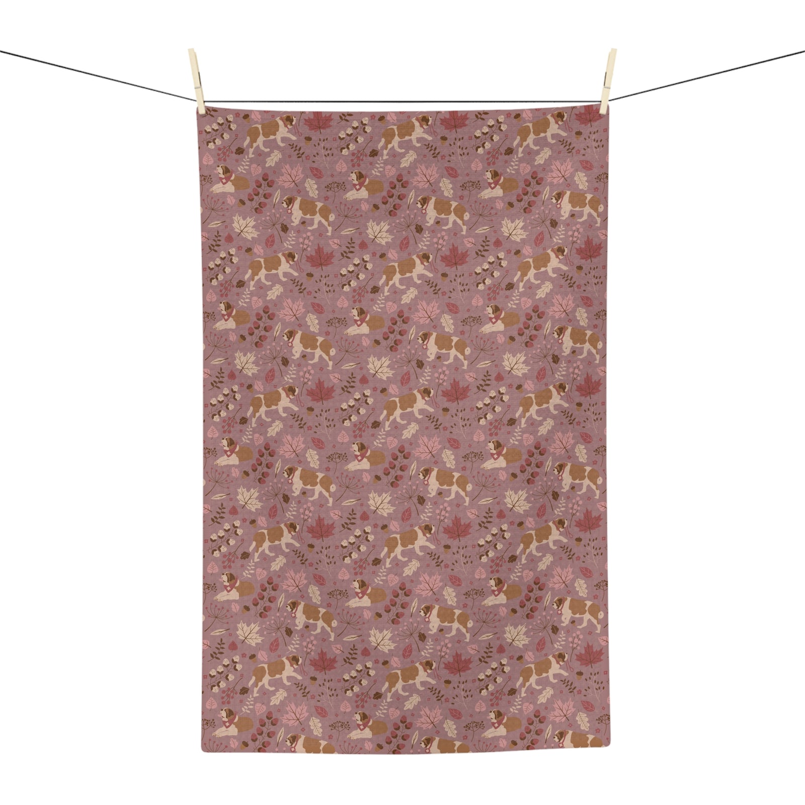 Rosy Fall Saint Bernard microfiber tea towel with a dusty-rose print of Saint Bernards among maple leaves, acorns, and autumn berries.