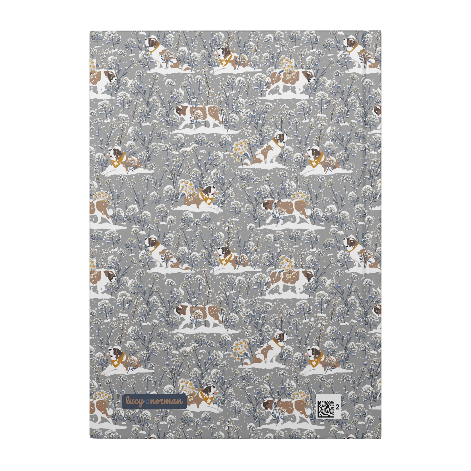 Snowflower Saint Bernard hardcover lined journal with a grey cover featuring Saint Bernards in golden bandanas among snowy winter wildflowers.