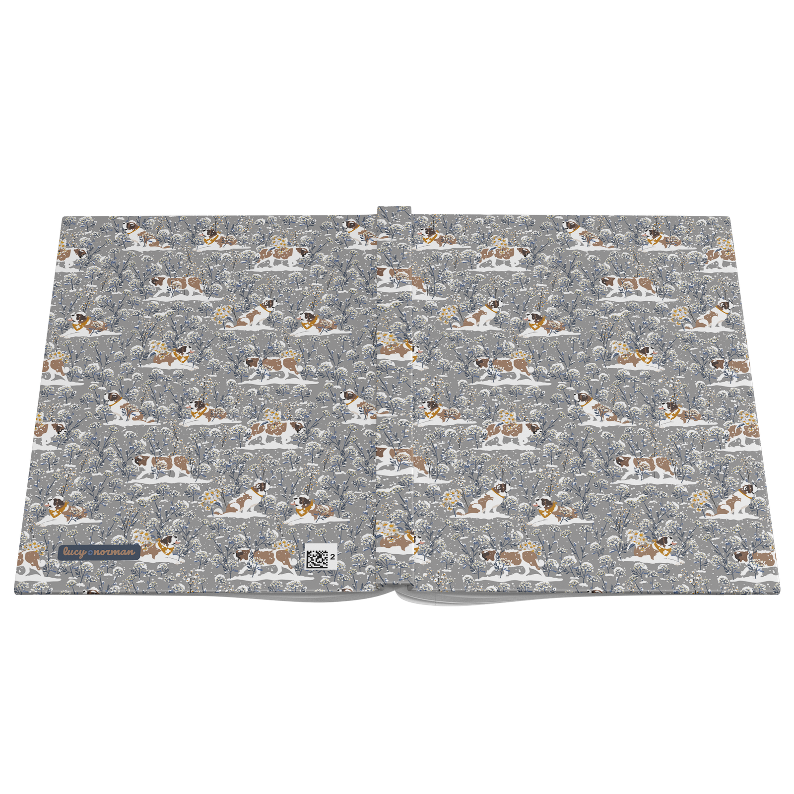 Snowflower Saint Bernard hardcover lined journal with a grey cover featuring Saint Bernards in golden bandanas among snowy winter wildflowers.