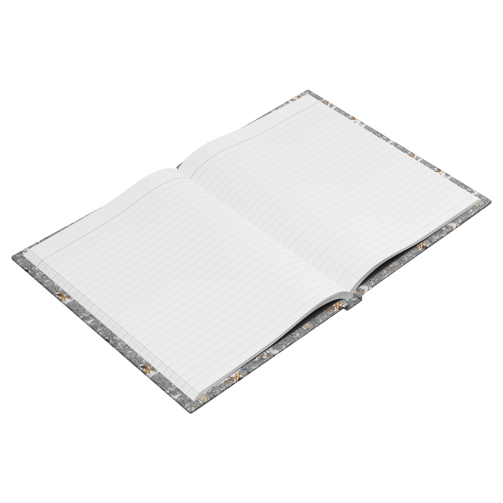 Snowflower Saint Bernard hardcover lined journal with a grey cover featuring Saint Bernards in golden bandanas among snowy winter wildflowers.