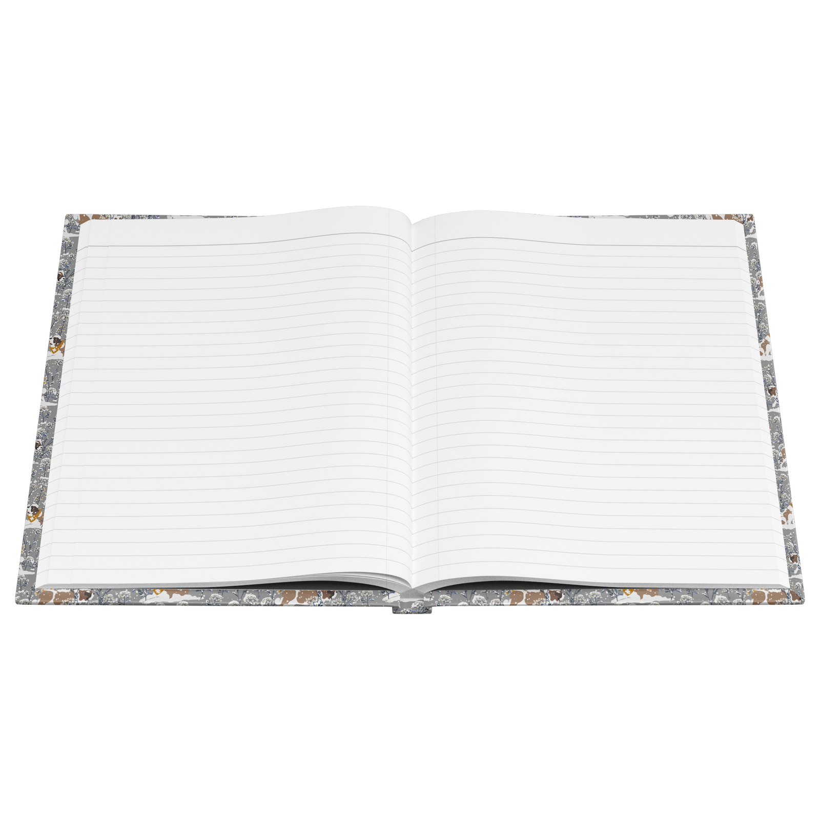 Snowflower Saint Bernard hardcover lined journal with a grey cover featuring Saint Bernards in golden bandanas among snowy winter wildflowers.