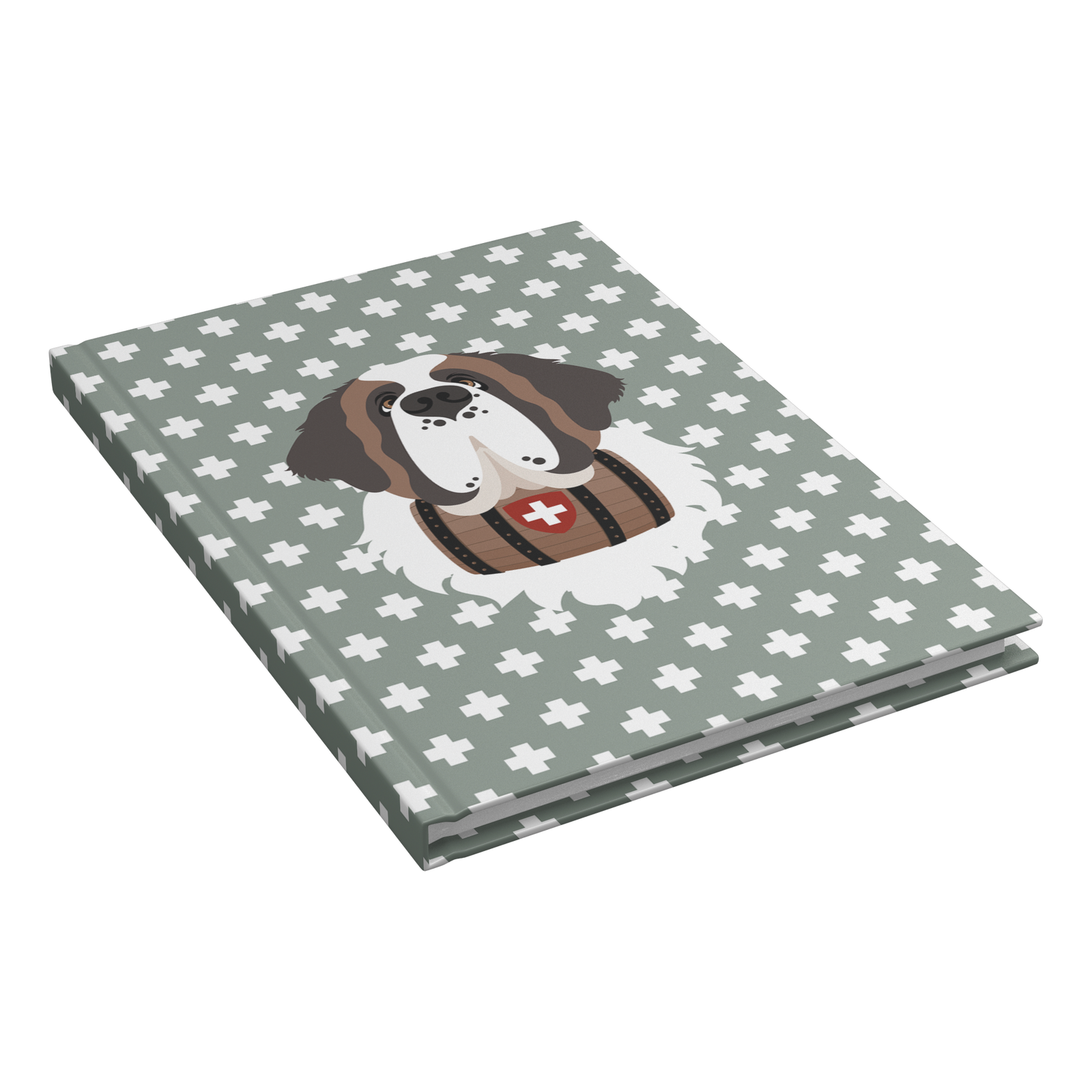 Swiss Cross Green Saint Bernard hardcover lined journal with a soft green cover featuring a Saint Bernard and rescue barrel among white Swiss crosses.