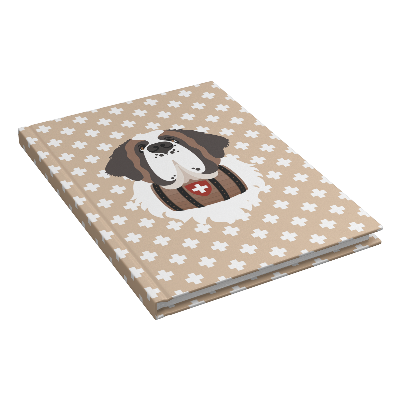 Swiss Cross Gold Saint Bernard hardcover lined journal with a warm gold cover featuring a Saint Bernard and rescue barrel among white Swiss crosses.