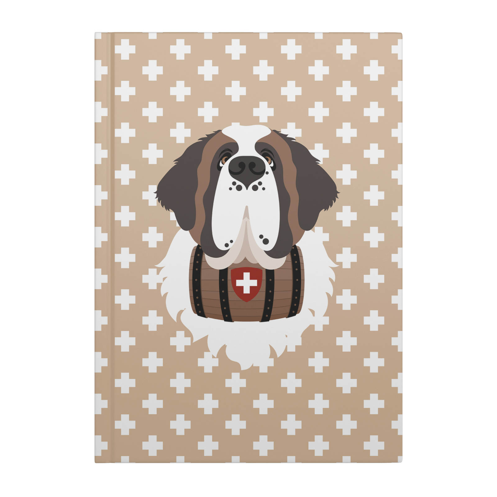 Swiss Cross Gold Saint Bernard hardcover lined journal with a warm gold cover featuring a Saint Bernard and rescue barrel among white Swiss crosses.
