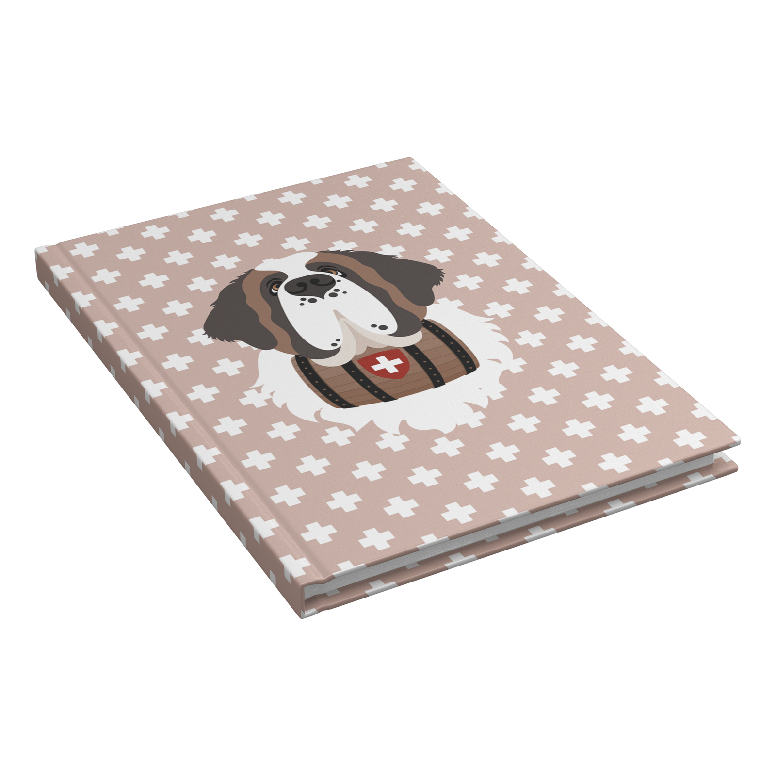 Swiss Cross Pink Saint Bernard hardcover lined journal with a soft pink cover featuring a Saint Bernard and rescue barrel among white Swiss crosses.