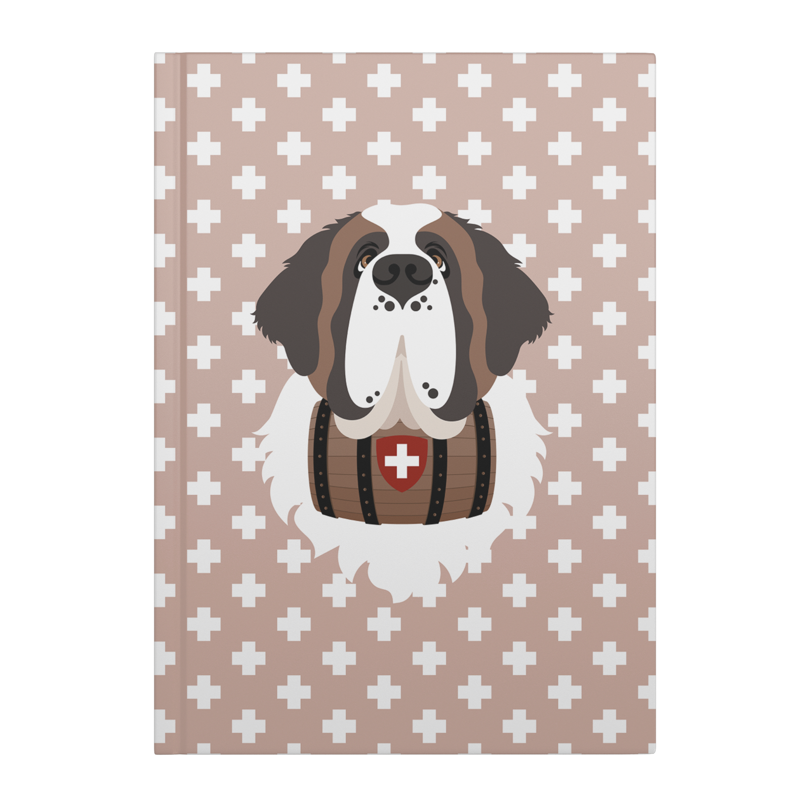 Swiss Cross Pink Saint Bernard hardcover lined journal with a soft pink cover featuring a Saint Bernard and rescue barrel among white Swiss crosses.