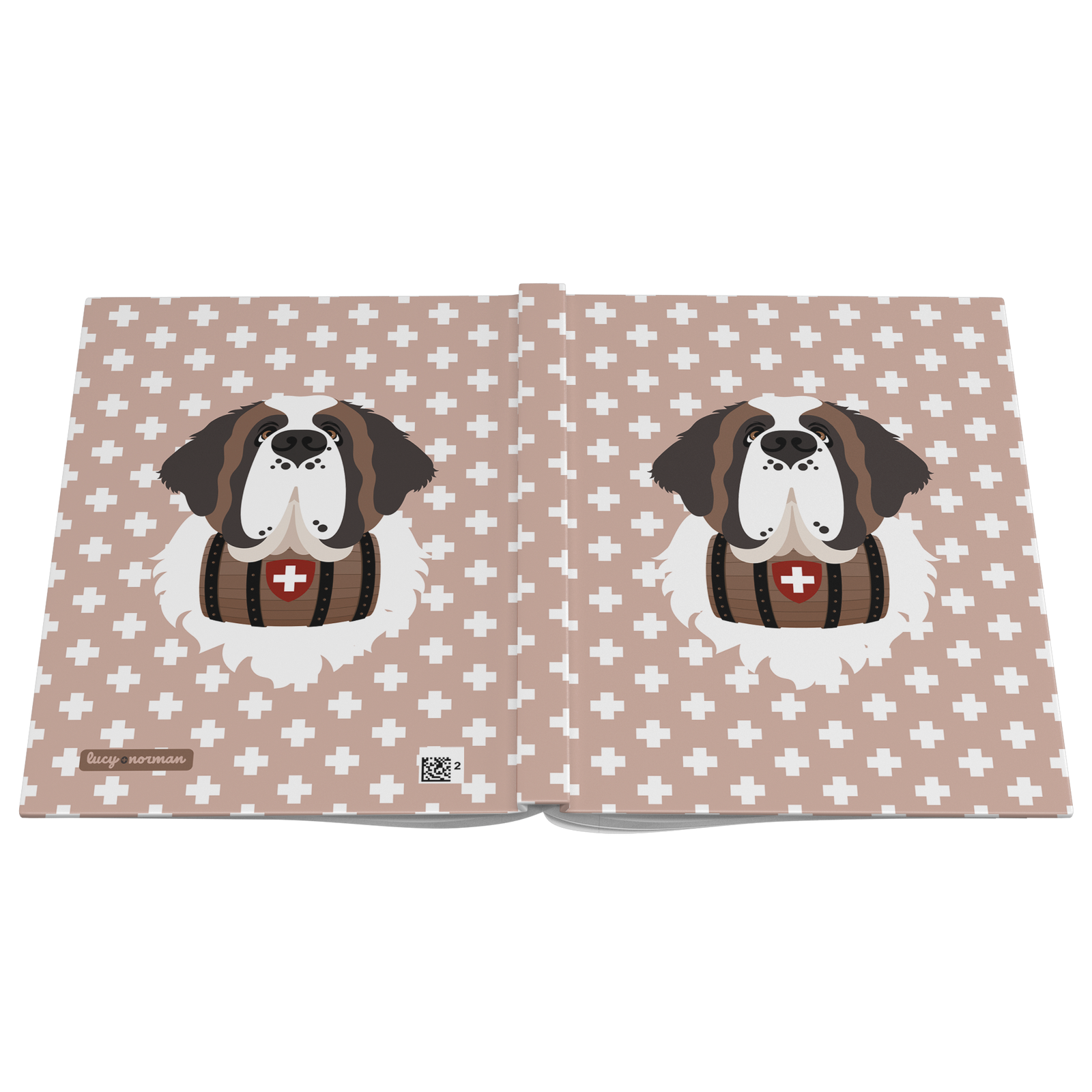 Swiss Cross Pink Saint Bernard hardcover lined journal with a soft pink cover featuring a Saint Bernard and rescue barrel among white Swiss crosses.