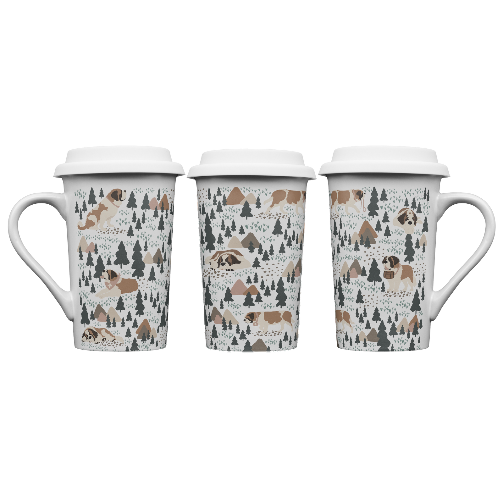 Woodland Saint Bernard 16oz grande mug with a white finish featuring Saint Bernards among pine trees and little mountains, with a removable silicone lid.