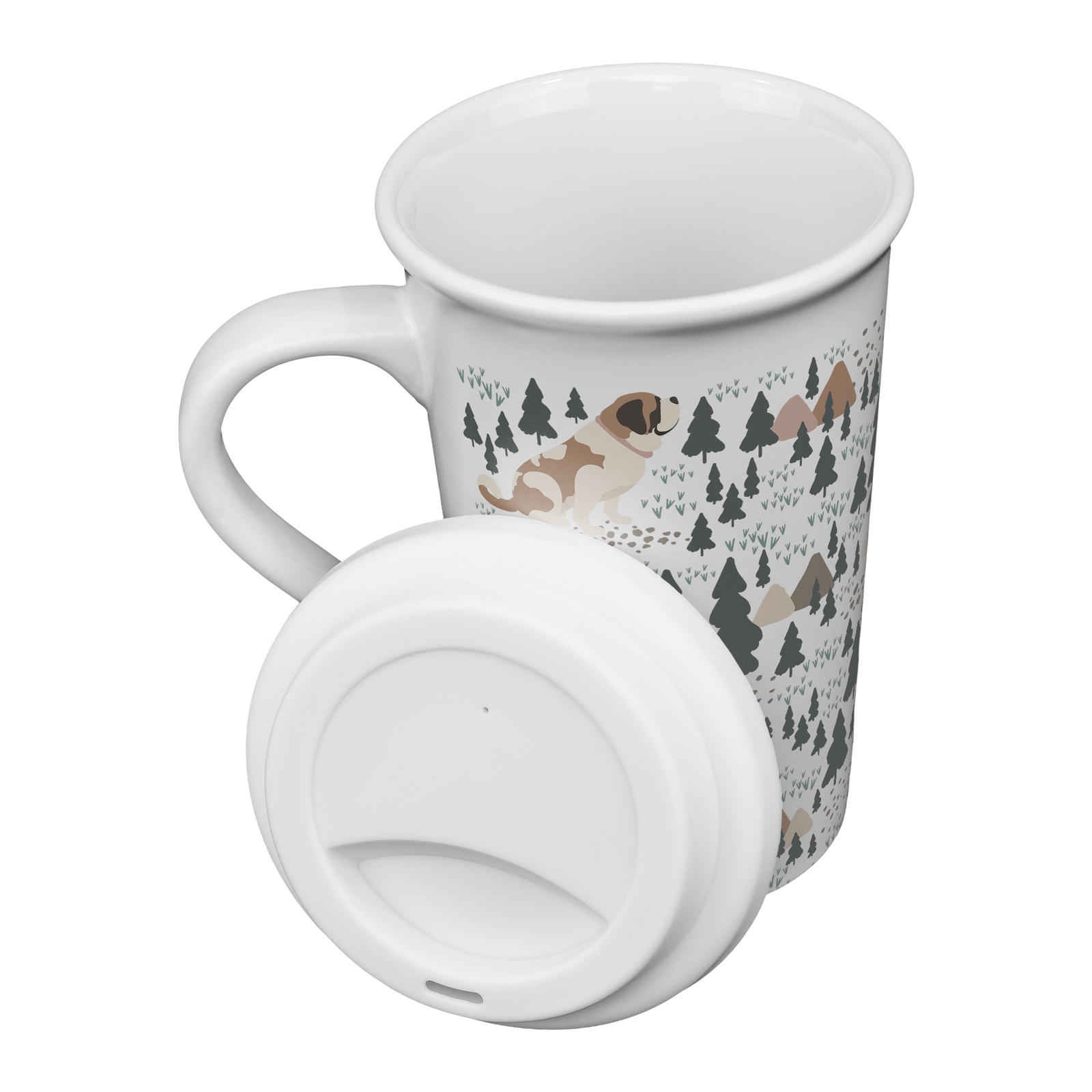 Woodland Saint Bernard 16oz grande mug with a white finish featuring Saint Bernards among pine trees and little mountains, with a removable silicone lid.