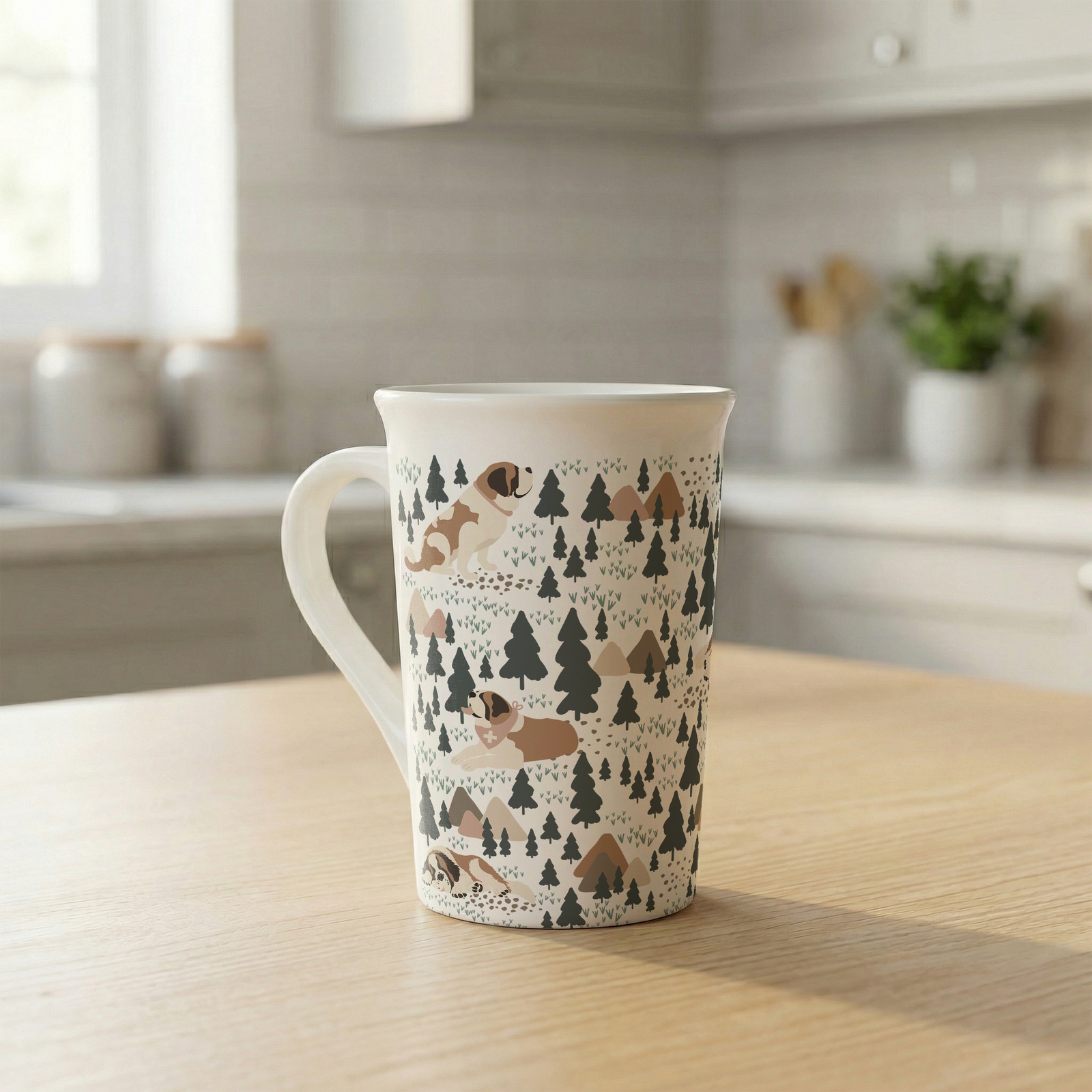Woodland Saint Bernard 16oz grande mug with a white finish featuring Saint Bernards among pine trees and little mountains, with a removable silicone lid.