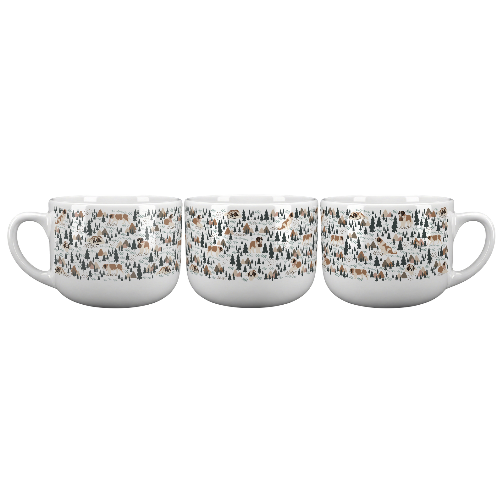 Large Saint Bernard Woodland 25oz latte mug with a white finish featuring Saint Bernards among pine trees and little mountains. Great for soup lovers.