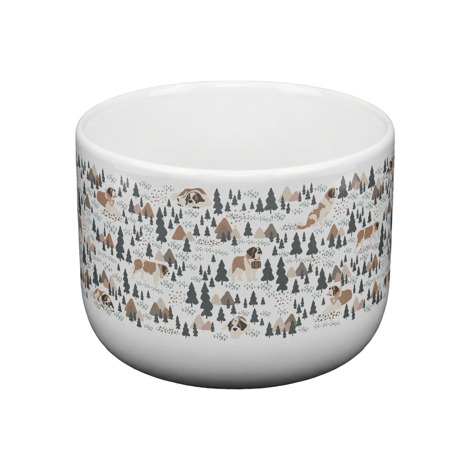 Large Saint Bernard Woodland 25oz latte mug with a white finish featuring Saint Bernards among pine trees and little mountains. Great for soup lovers.