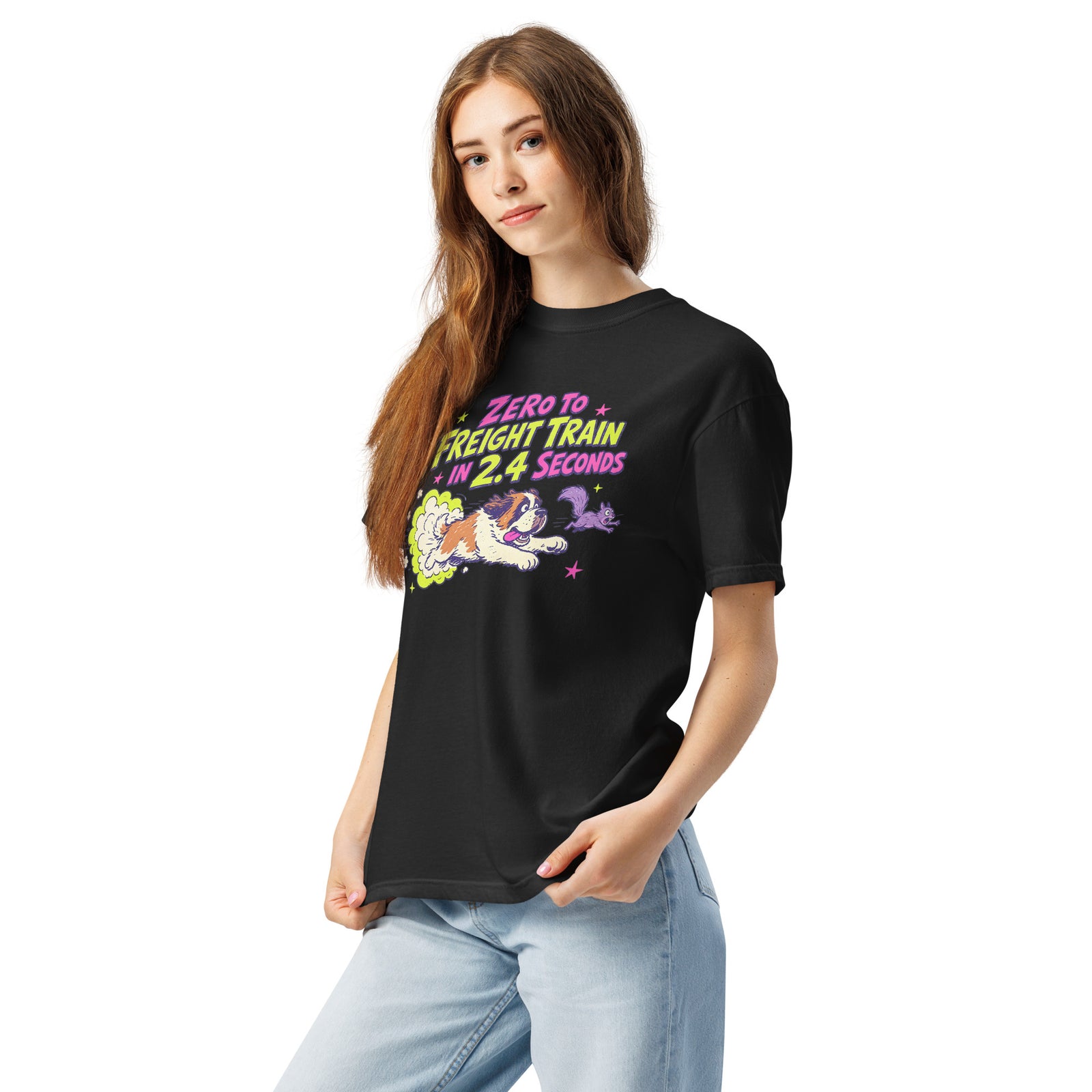 Black Comfort Colors t-shirt with a bright retro cartoon Saint Bernard chasing a squirrel and Zero to Freight Train in 2.4 Seconds lettering.