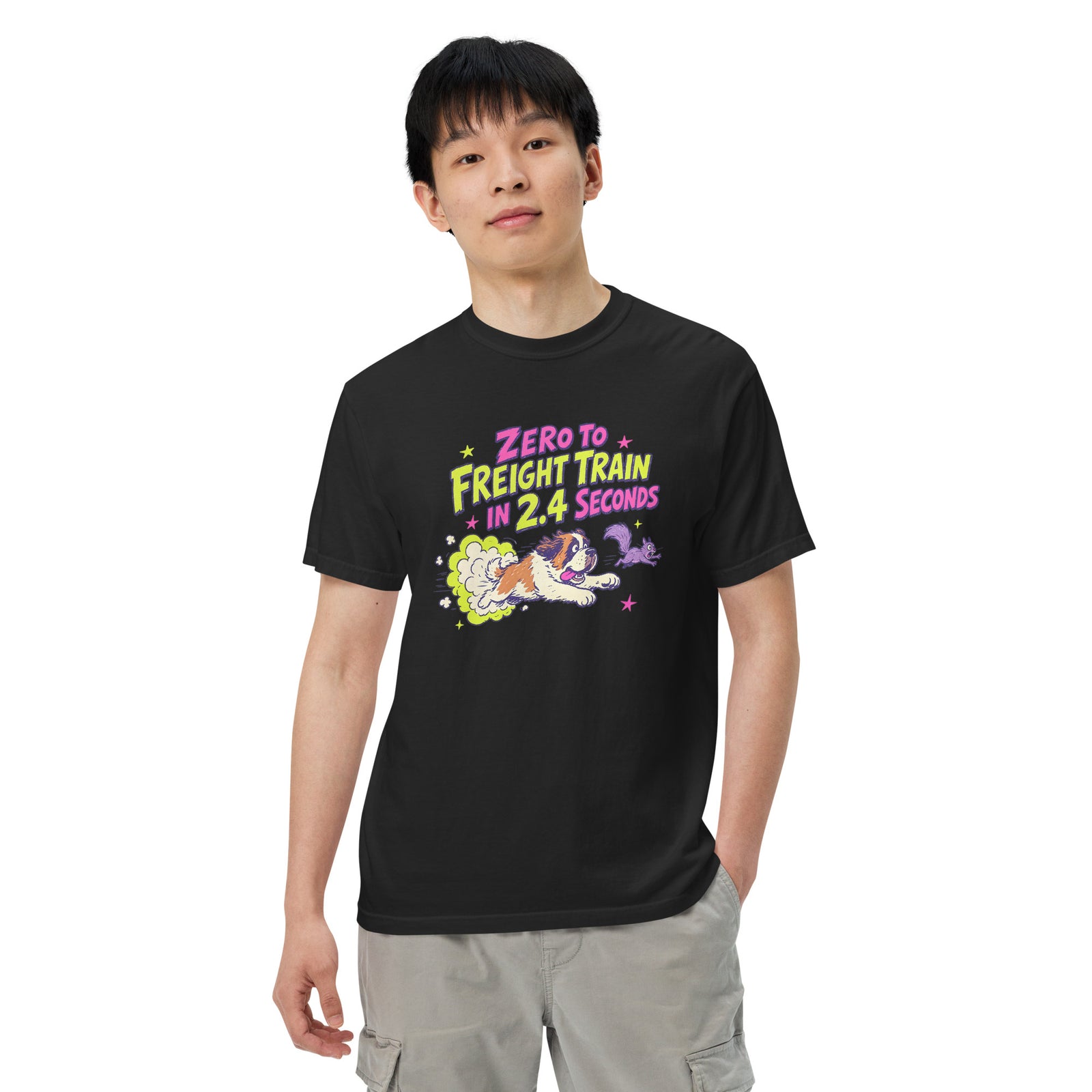 Black Comfort Colors t-shirt with a bright retro cartoon Saint Bernard chasing a squirrel and Zero to Freight Train in 2.4 Seconds lettering.