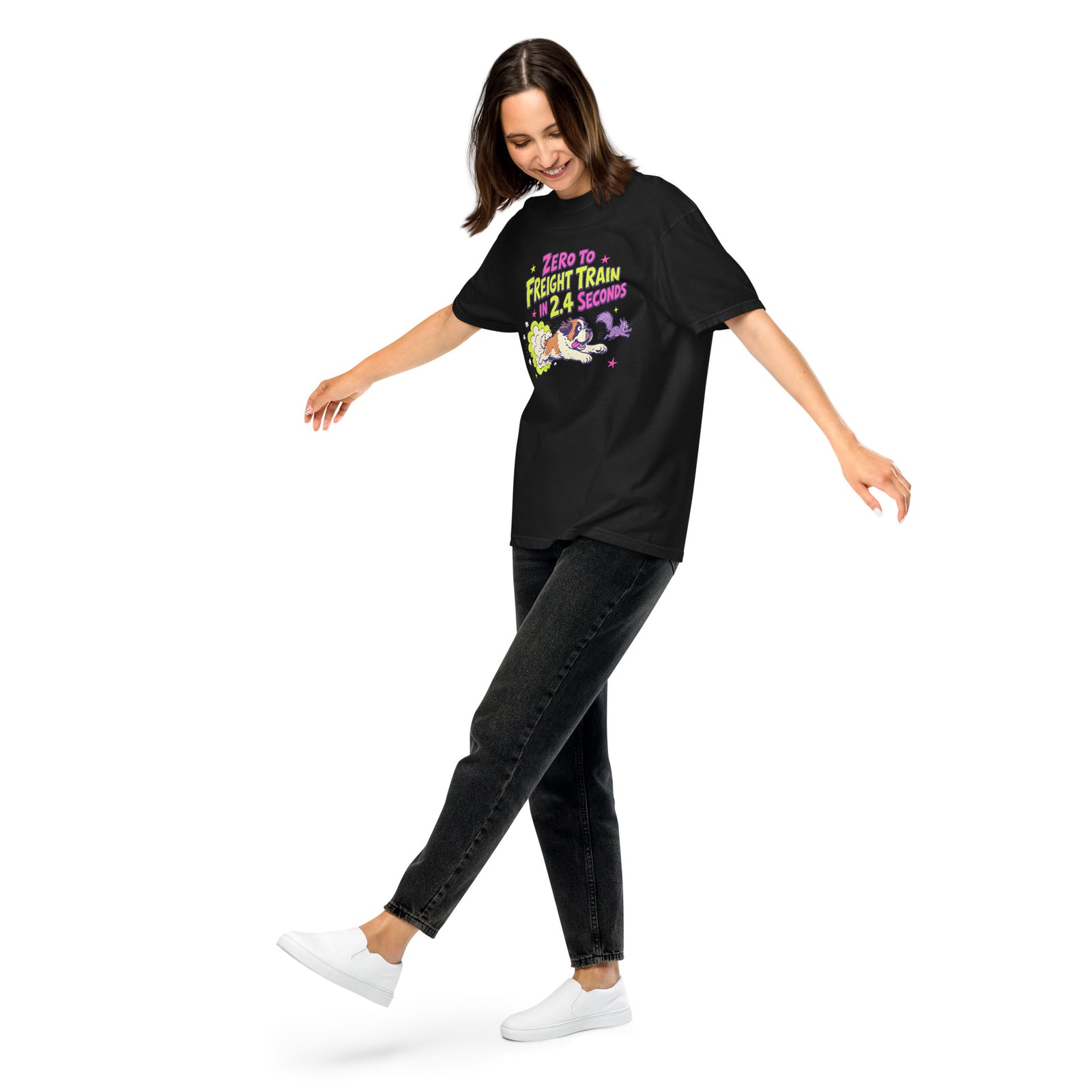 Black Comfort Colors t-shirt with a bright retro cartoon Saint Bernard chasing a squirrel and Zero to Freight Train in 2.4 Seconds lettering.